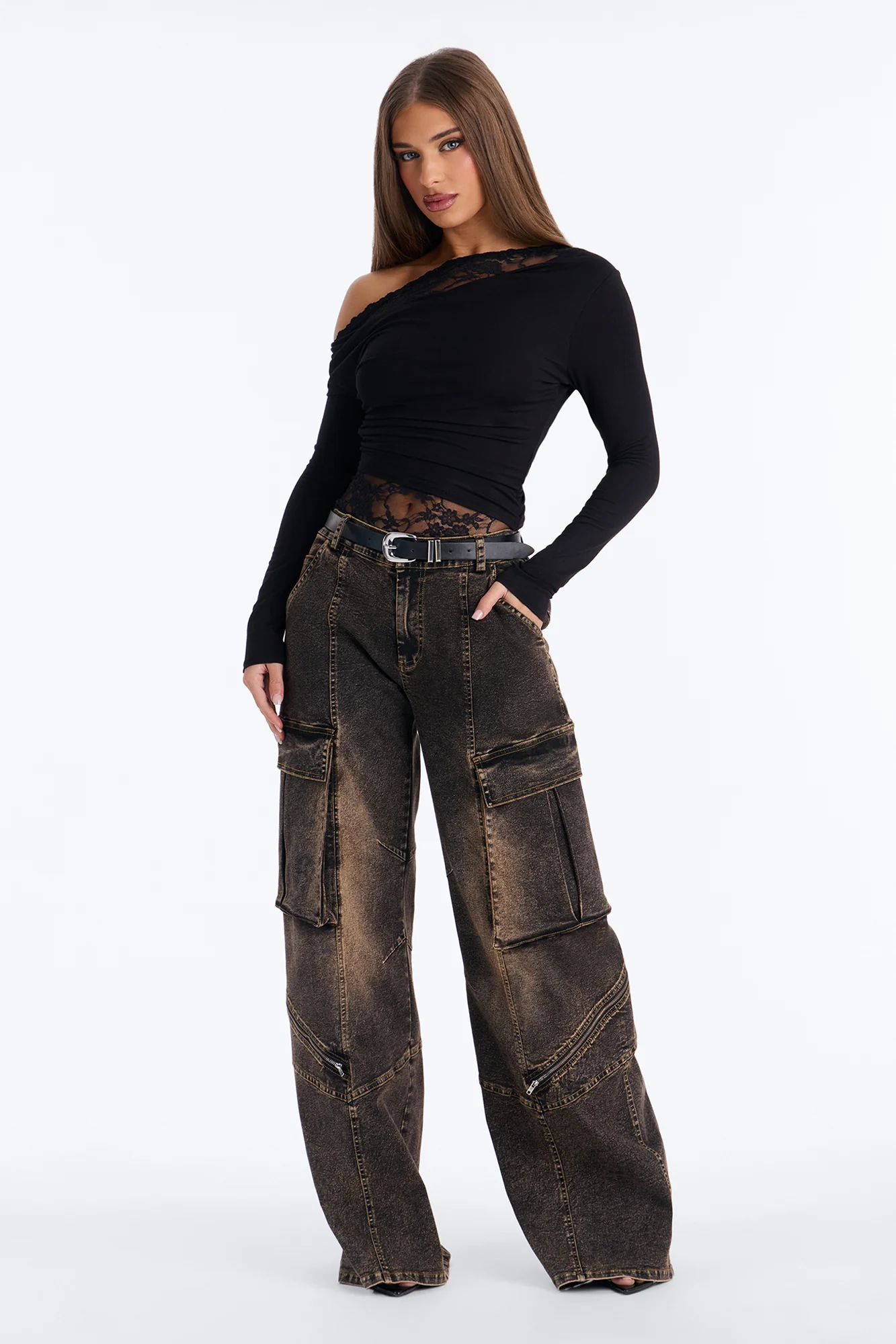 Just A Phase Stretch Wide Leg Washed Cargo Pant - Brown
