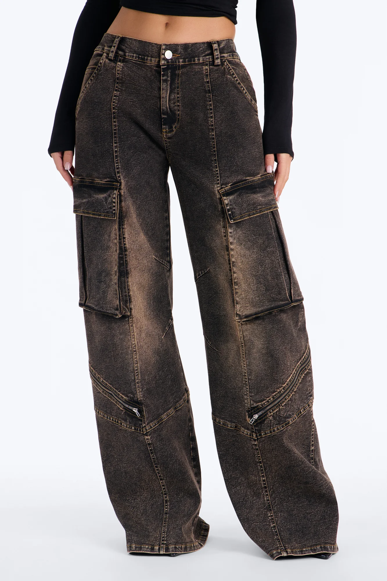 Just A Phase Stretch Wide Leg Washed Cargo Pant - Brown - Image 2