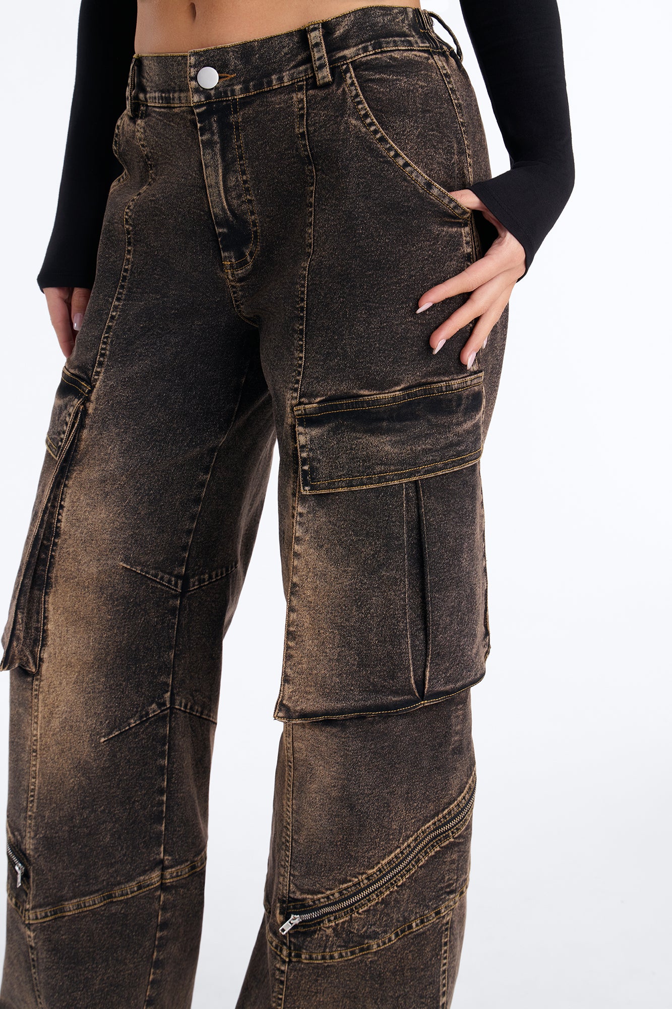Just A Phase Stretch Wide Leg Washed Cargo Pant - Brown - Image 3