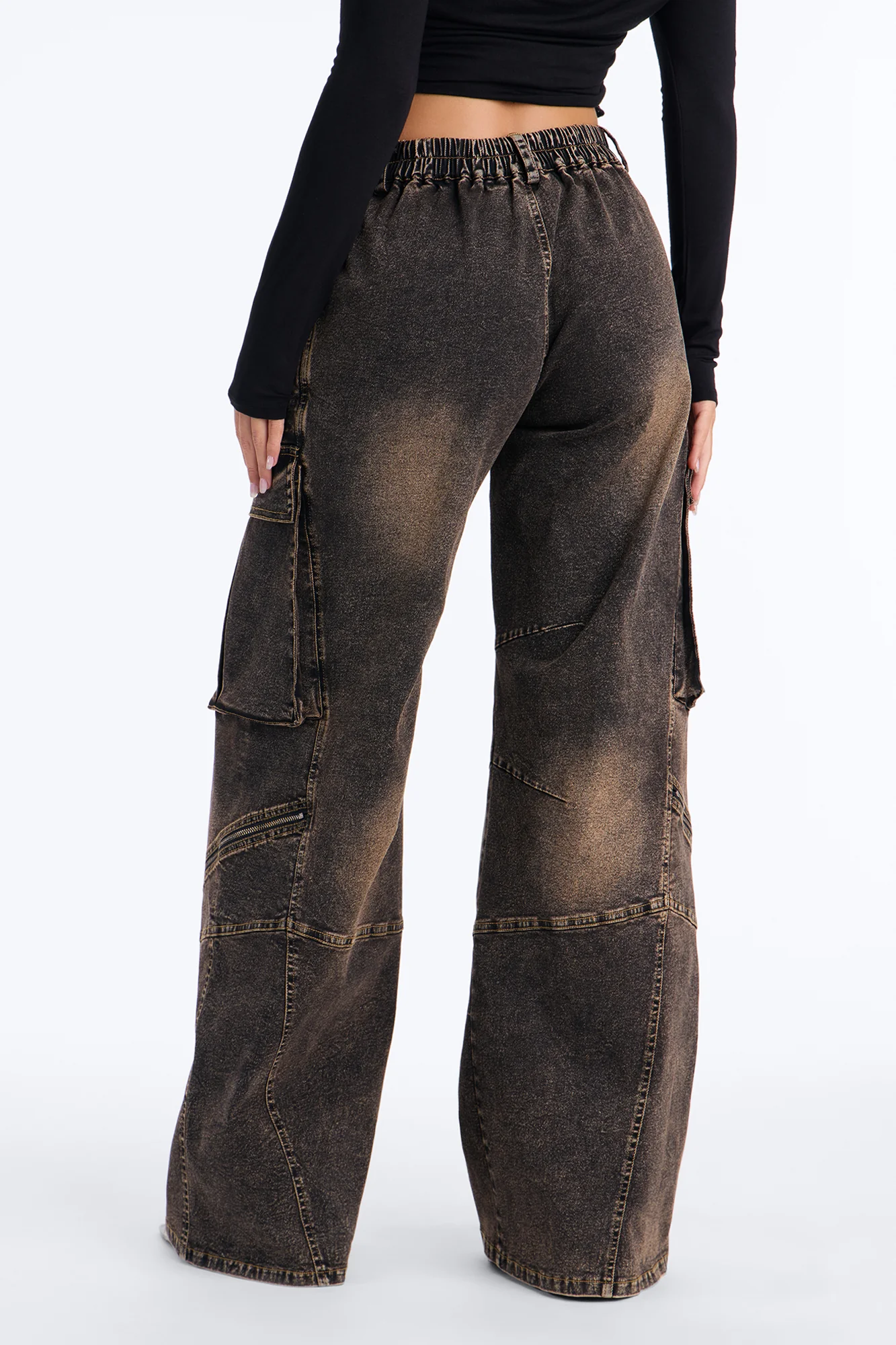 Just A Phase Stretch Wide Leg Washed Cargo Pant - Brown - Image 4