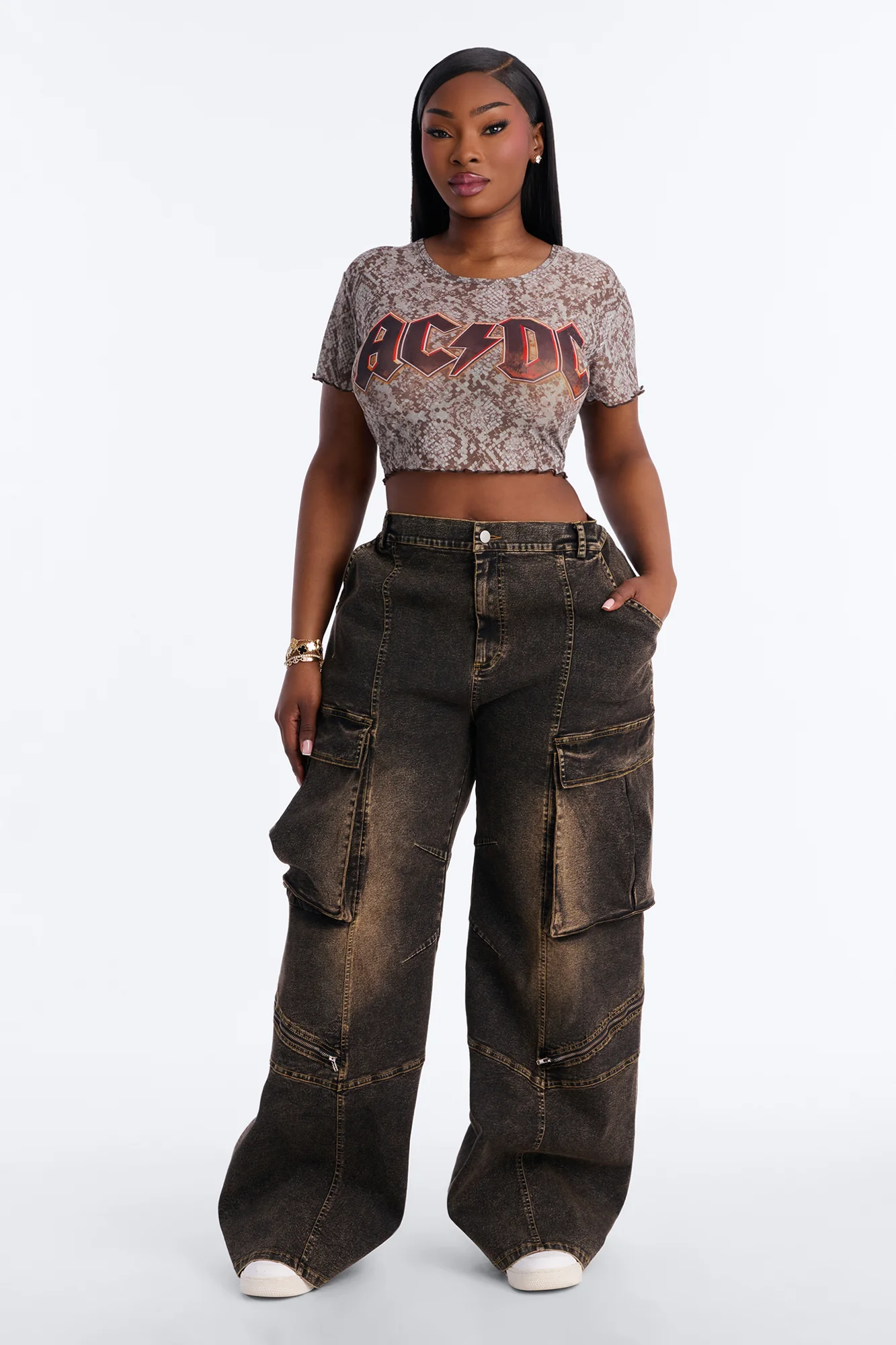 Just A Phase Stretch Wide Leg Washed Cargo Pant - Brown - Image 5