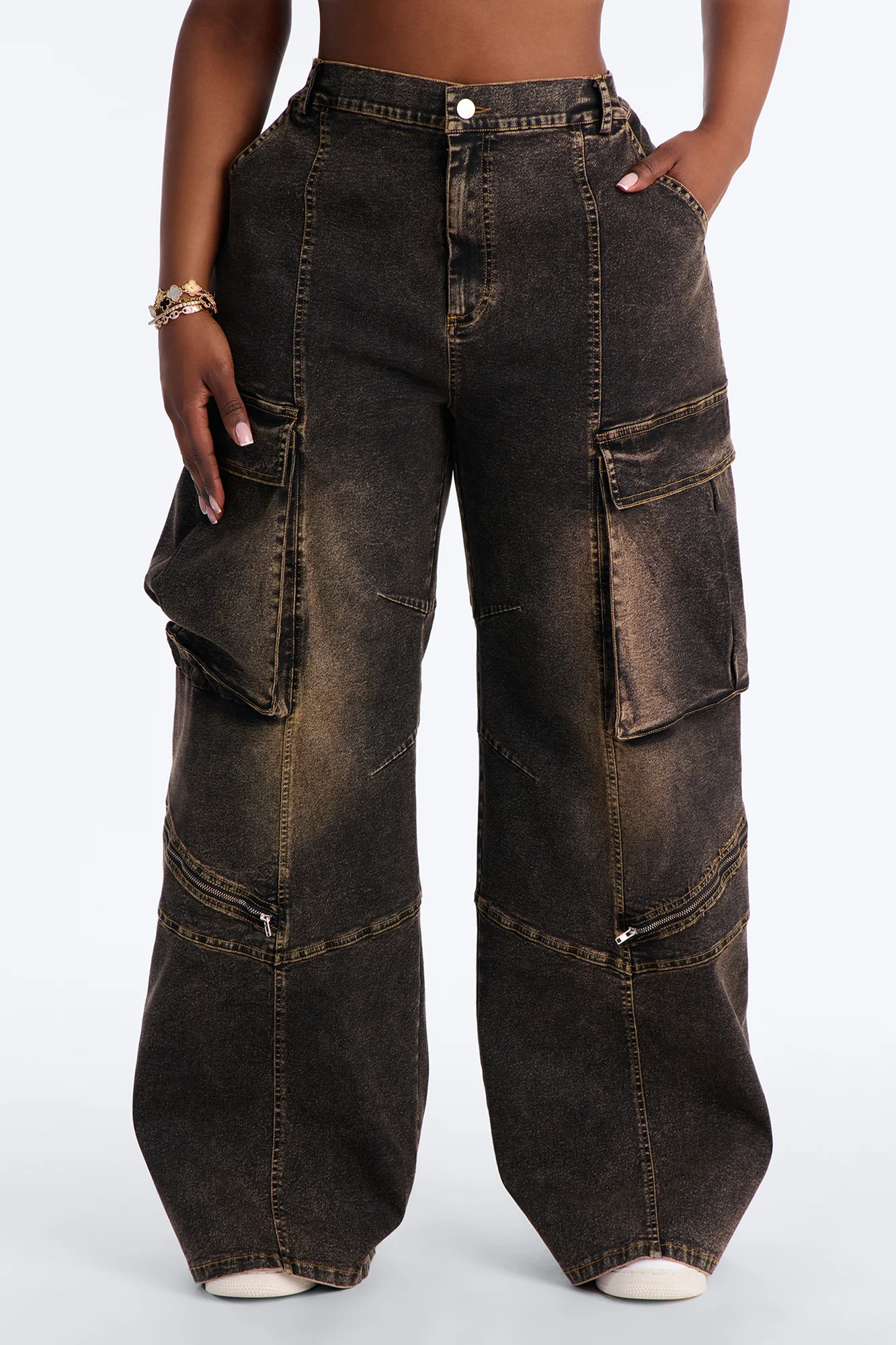 Just A Phase Stretch Wide Leg Washed Cargo Pant - Brown - Image 6