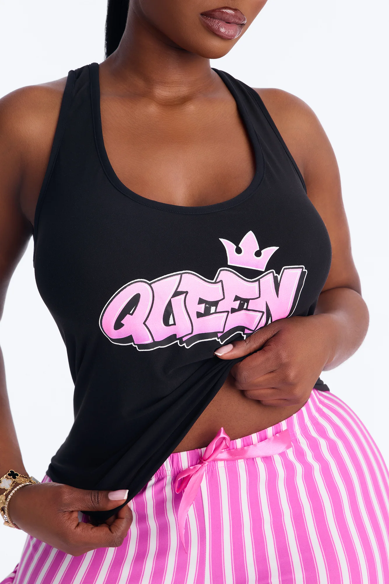 Just A Queen Racerback PJ Short Set - Black/Pink - Image 5