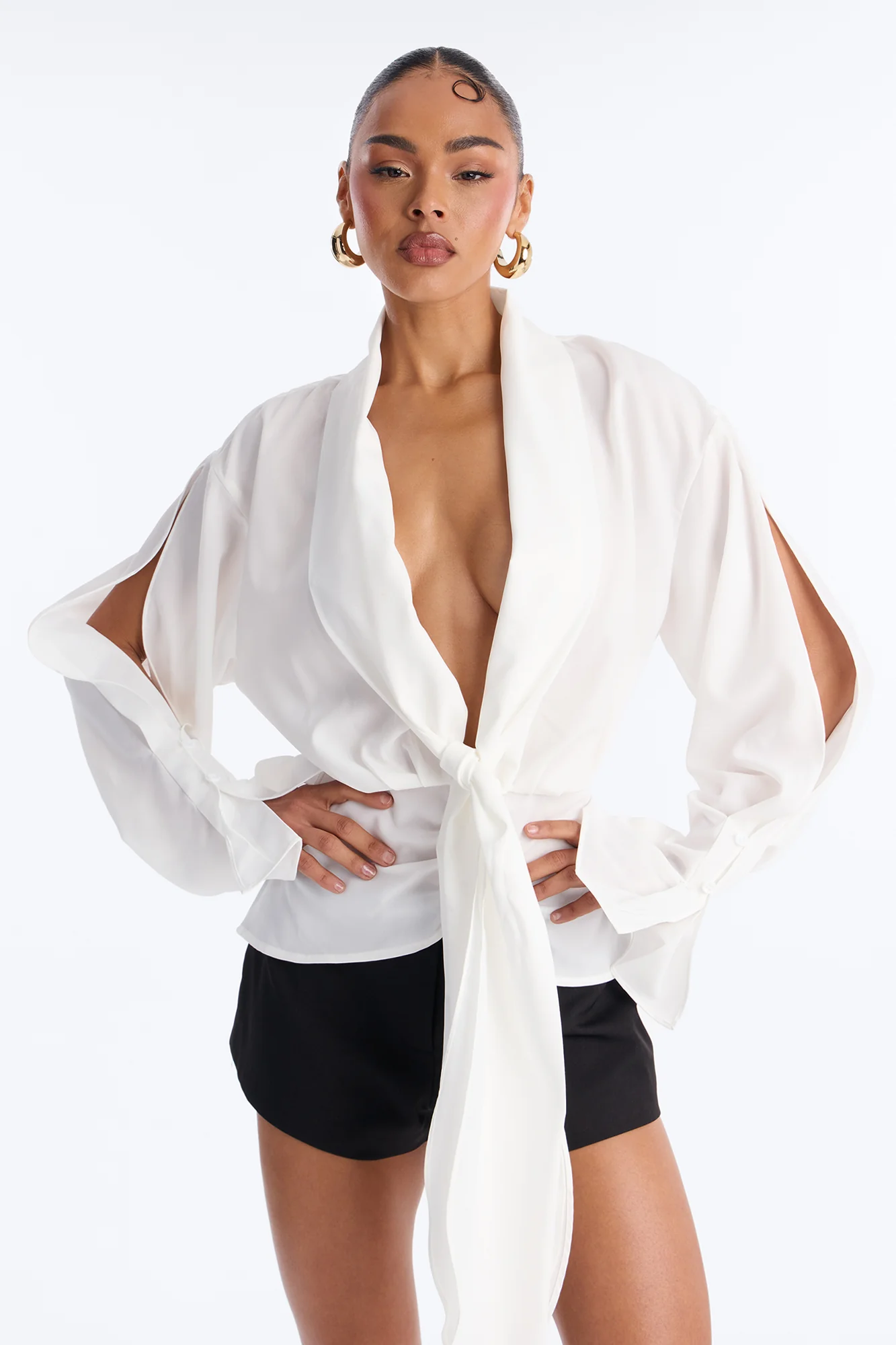 Just Like That Ruched V Neck Chiffon Blouse - White
