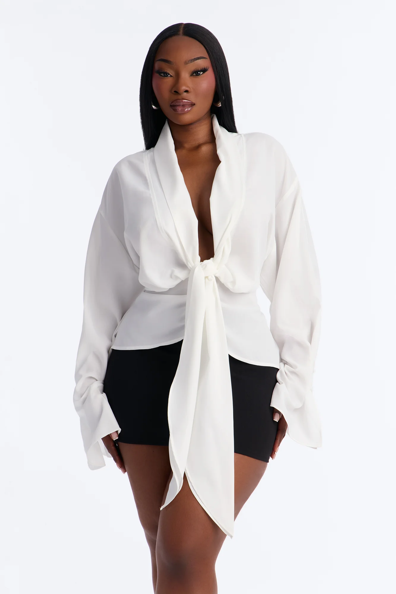 Just Like That Ruched V Neck Chiffon Blouse - White - Image 5