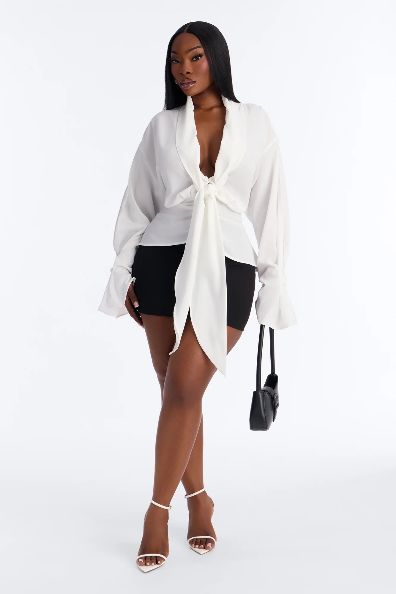 Just Like That Ruched V Neck Chiffon Blouse - White - Image 6