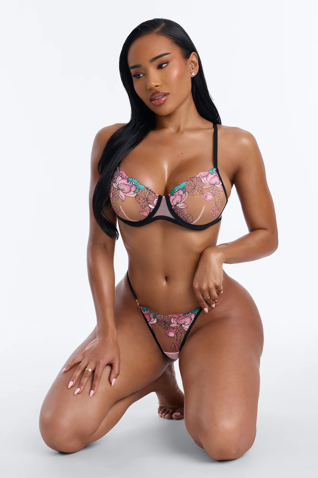 Just Right Underwire Embroidered Floral 2 Piece Set - Black/Pink