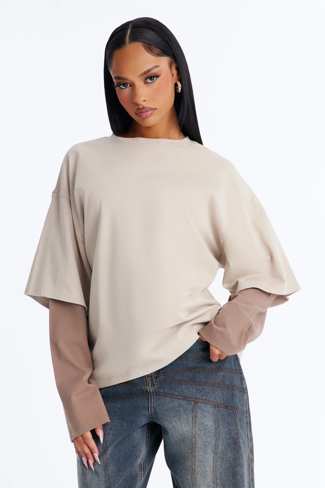 Justine Layered Long Sleeve T-Shirt - Stone/Combo