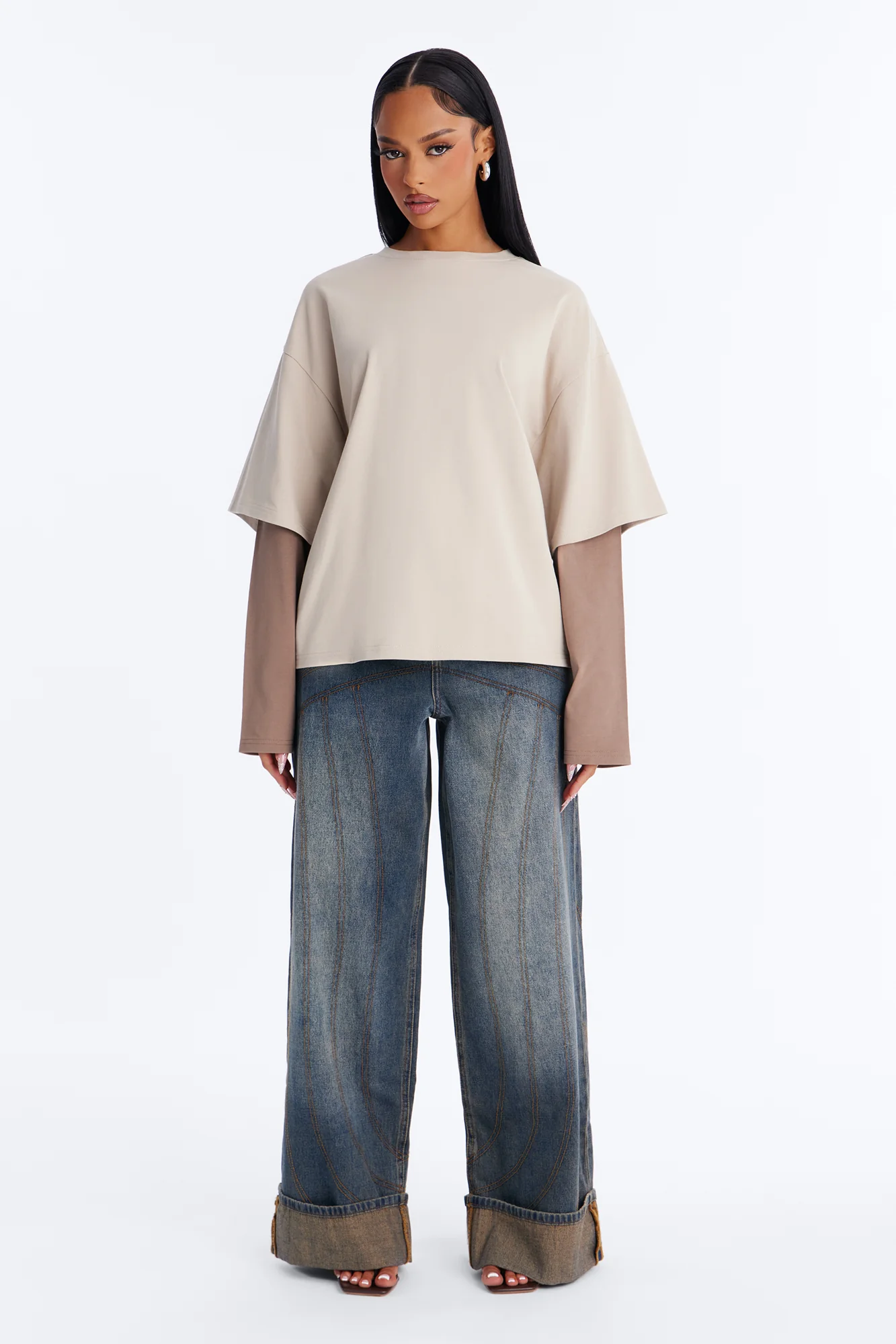 Justine Layered Long Sleeve T-Shirt - Stone/Combo - Image 2