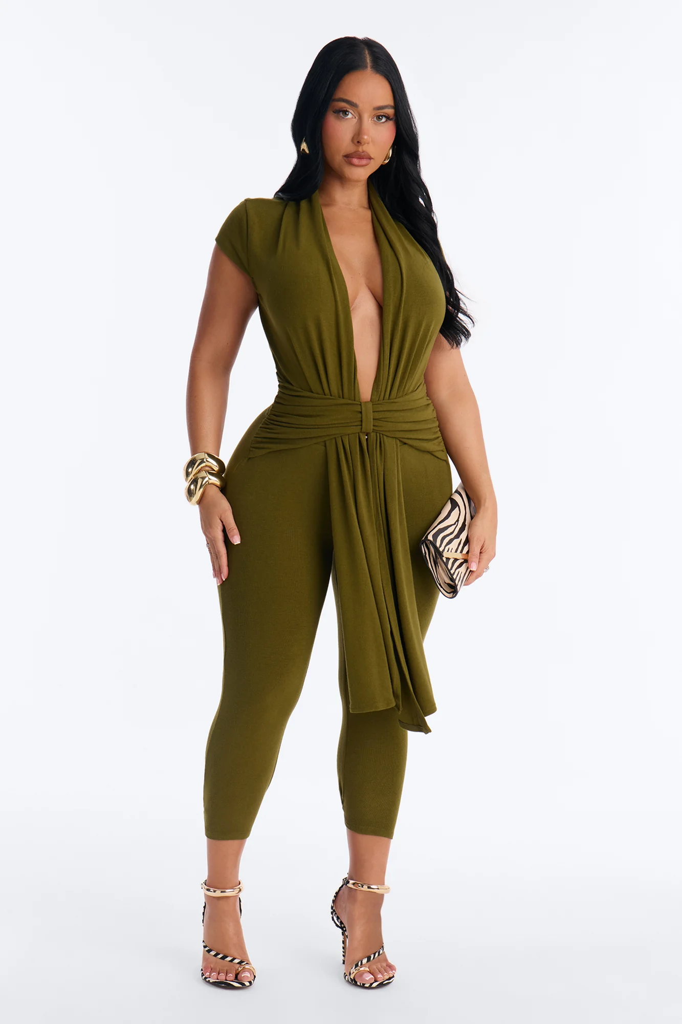 Kacey Deep V-Neck Capri Jumpsuit - Olive