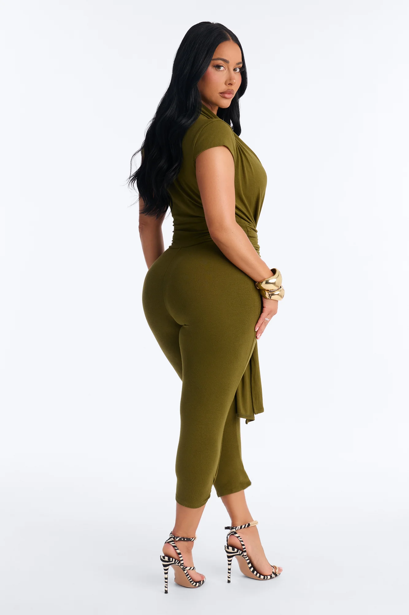 Kacey Deep V-Neck Capri Jumpsuit - Olive - Image 3
