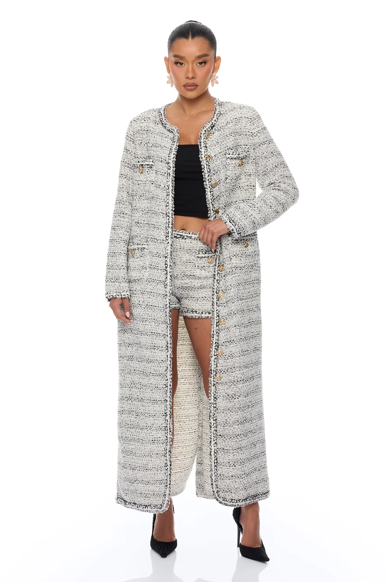 Kaela Embellished Tweed Long Cardigan - Black/White