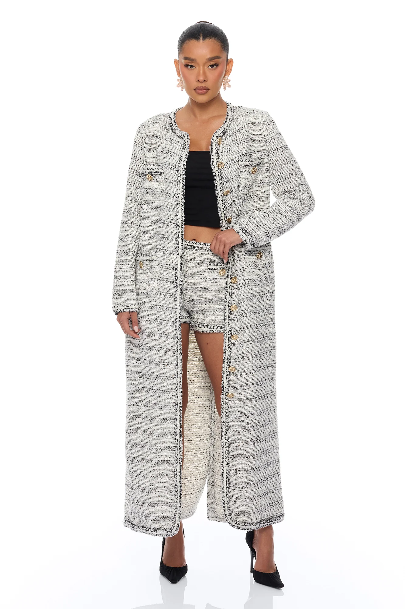 Kaela Embellished Tweed Short - Black/White