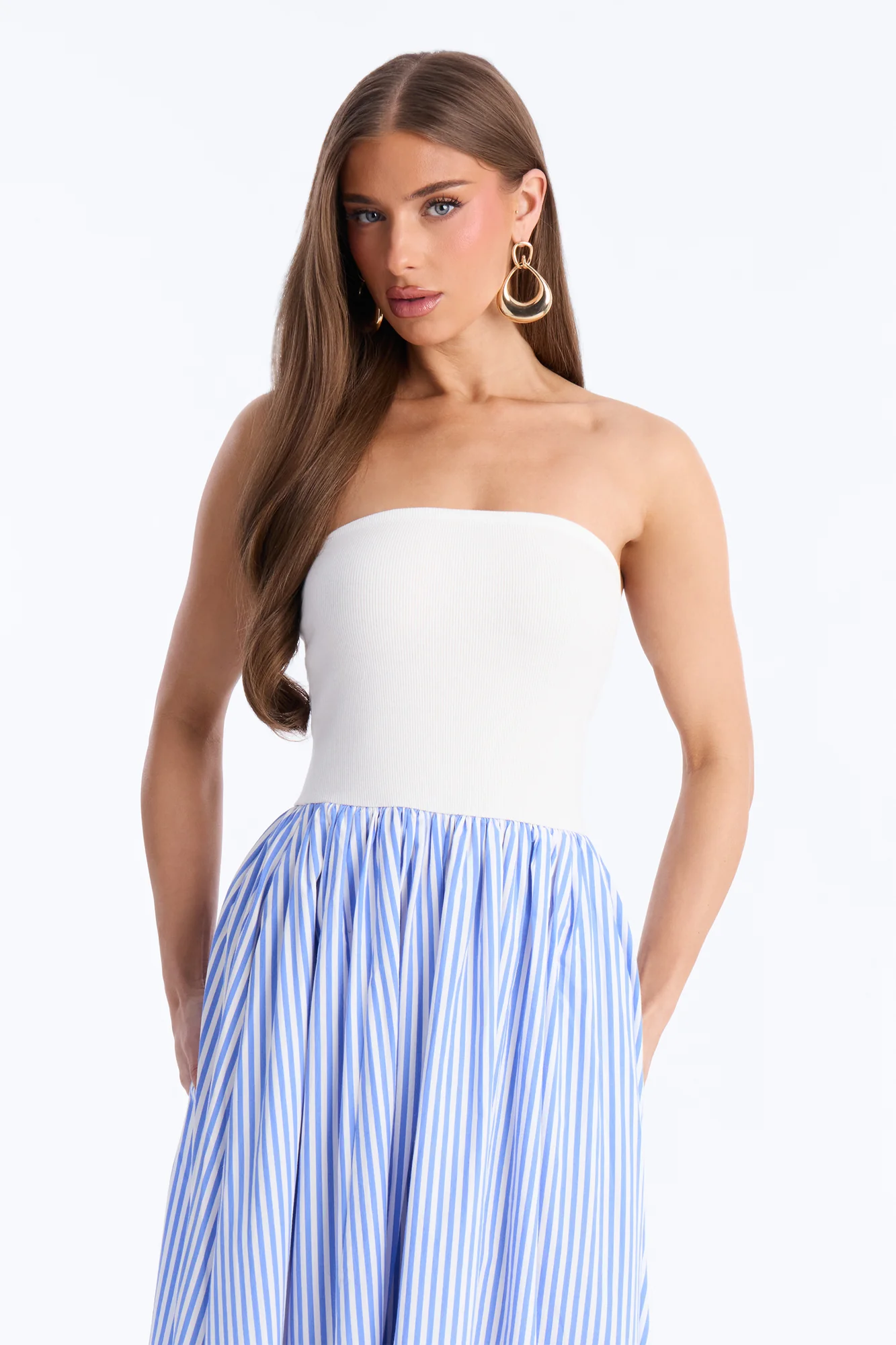 Kaia Strapless Poplin Maxi Dress - White/Blue - Image 2