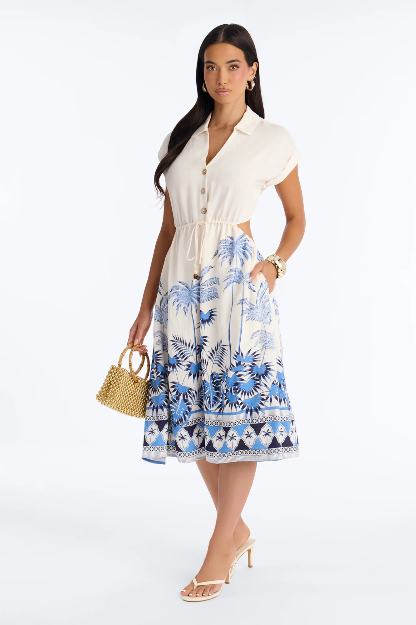 Kalani Shirt Midi Dress - White/Blue