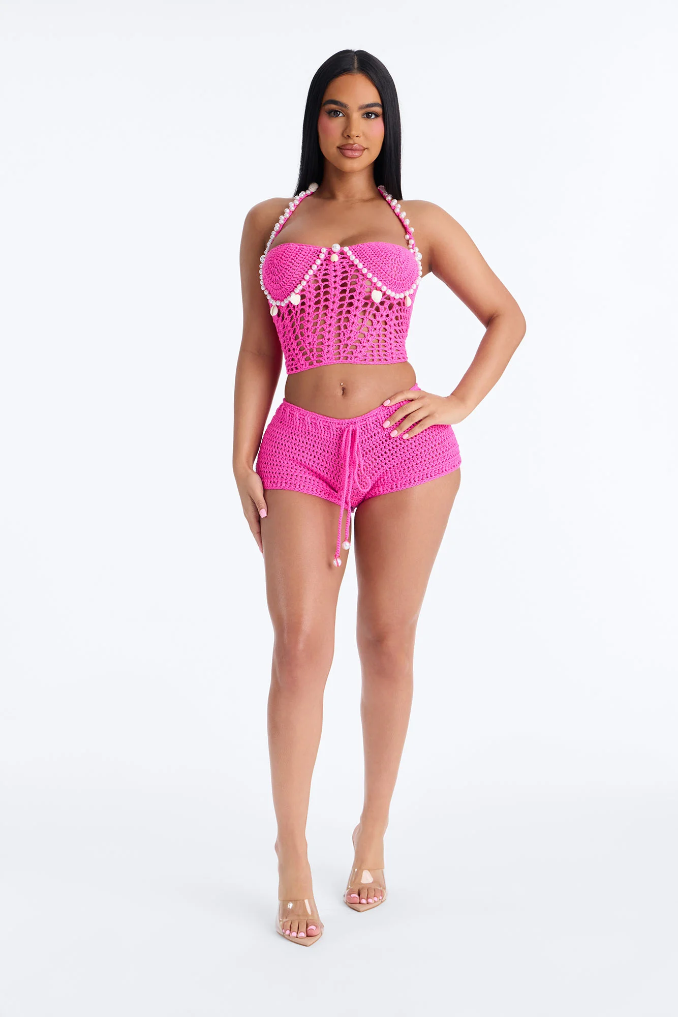 Kalea Pearls & Shells Rope Crochet 2 Piece Sunsuit - Hot Pink - Image 2