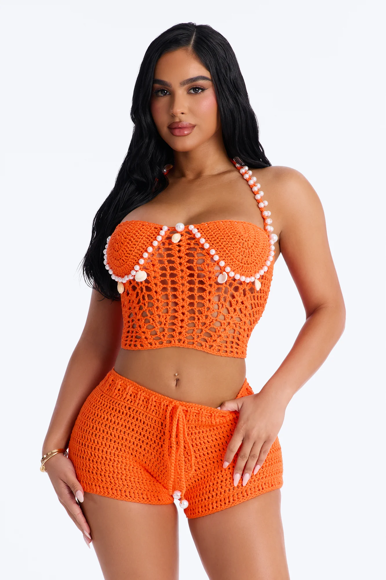 Kalea Pearls & Shells Rope Crochet 2 Piece Sunsuit - Orange