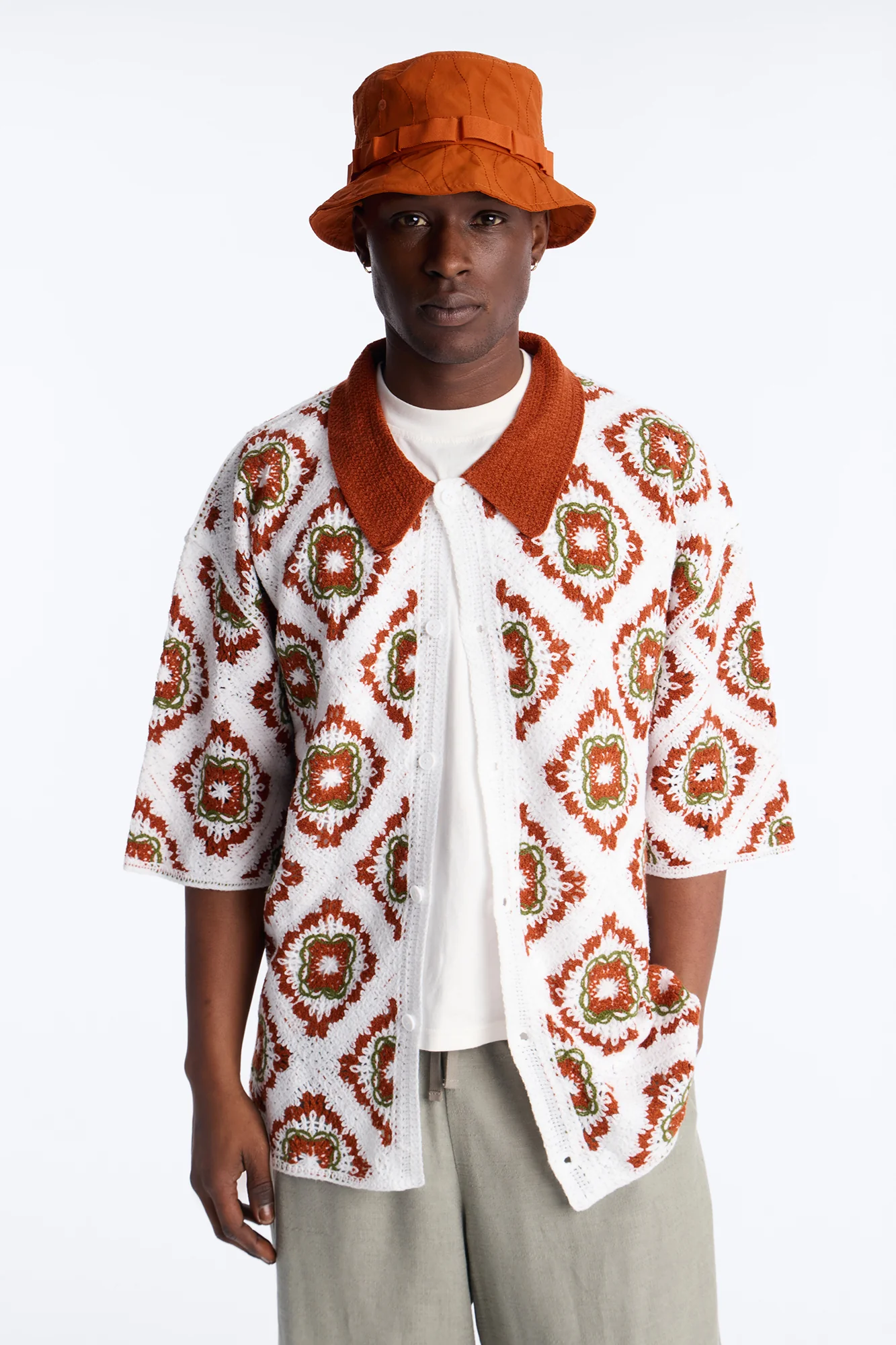 Kaleido Bloom Crochet Button Up Shirt - Green