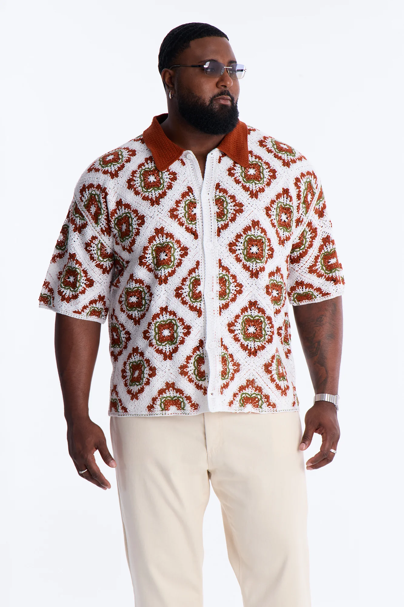 Kaleido Bloom Crochet Button Up Shirt - Green - Image 5