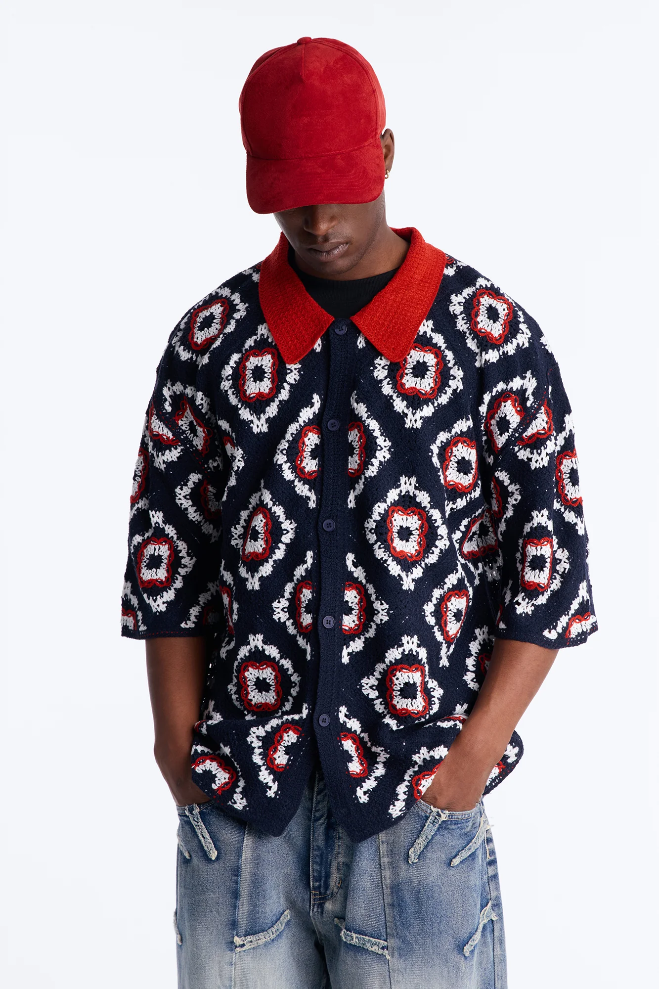 Kaleido Bloom Crochet Button Up Shirt - Navy