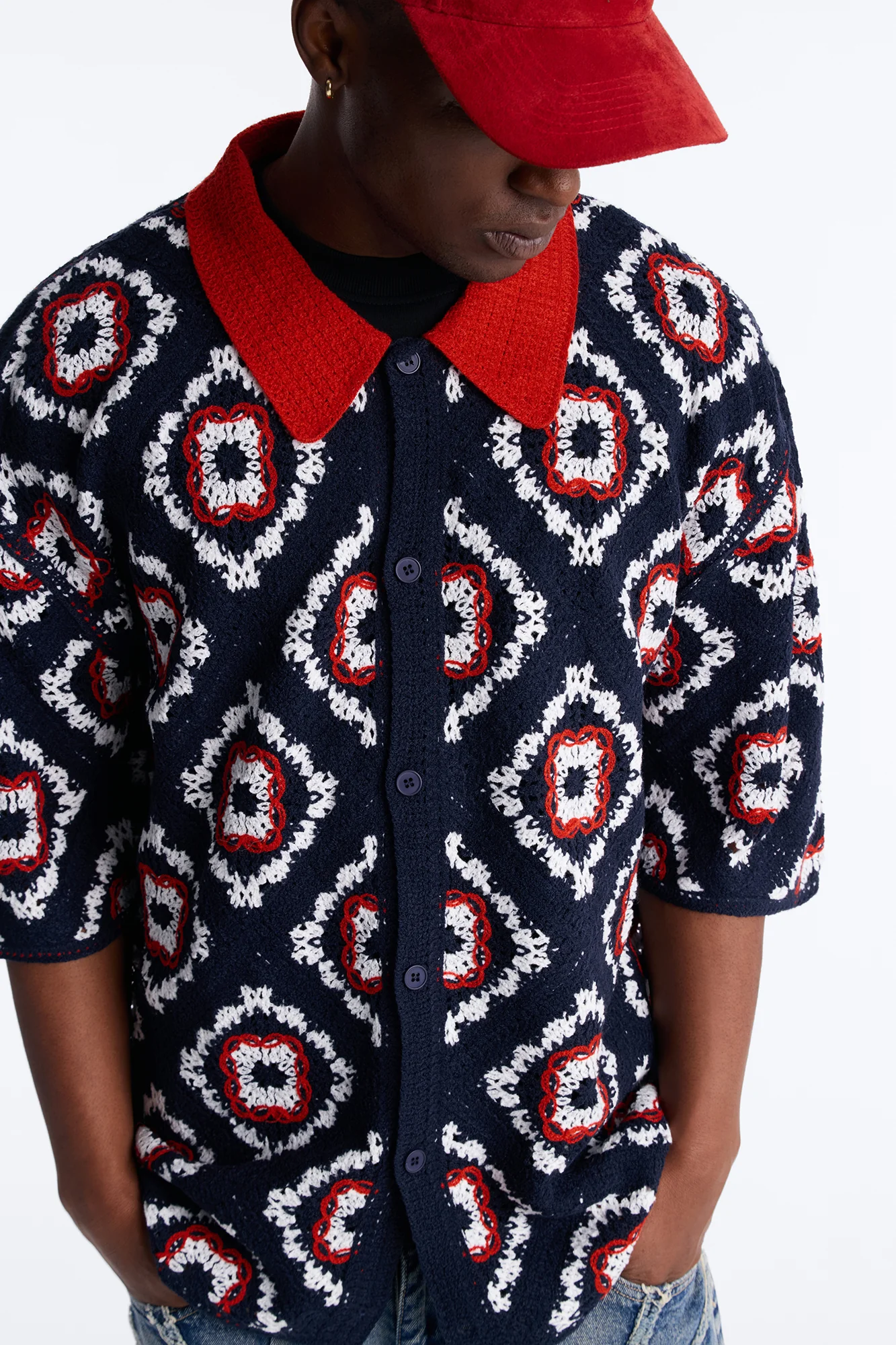 Kaleido Bloom Crochet Button Up Shirt - Navy - Image 3
