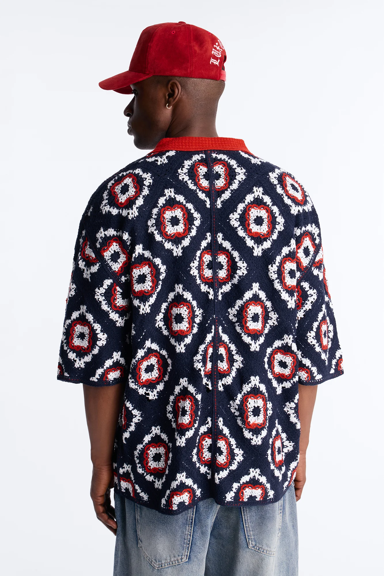 Kaleido Bloom Crochet Button Up Shirt - Navy - Image 4