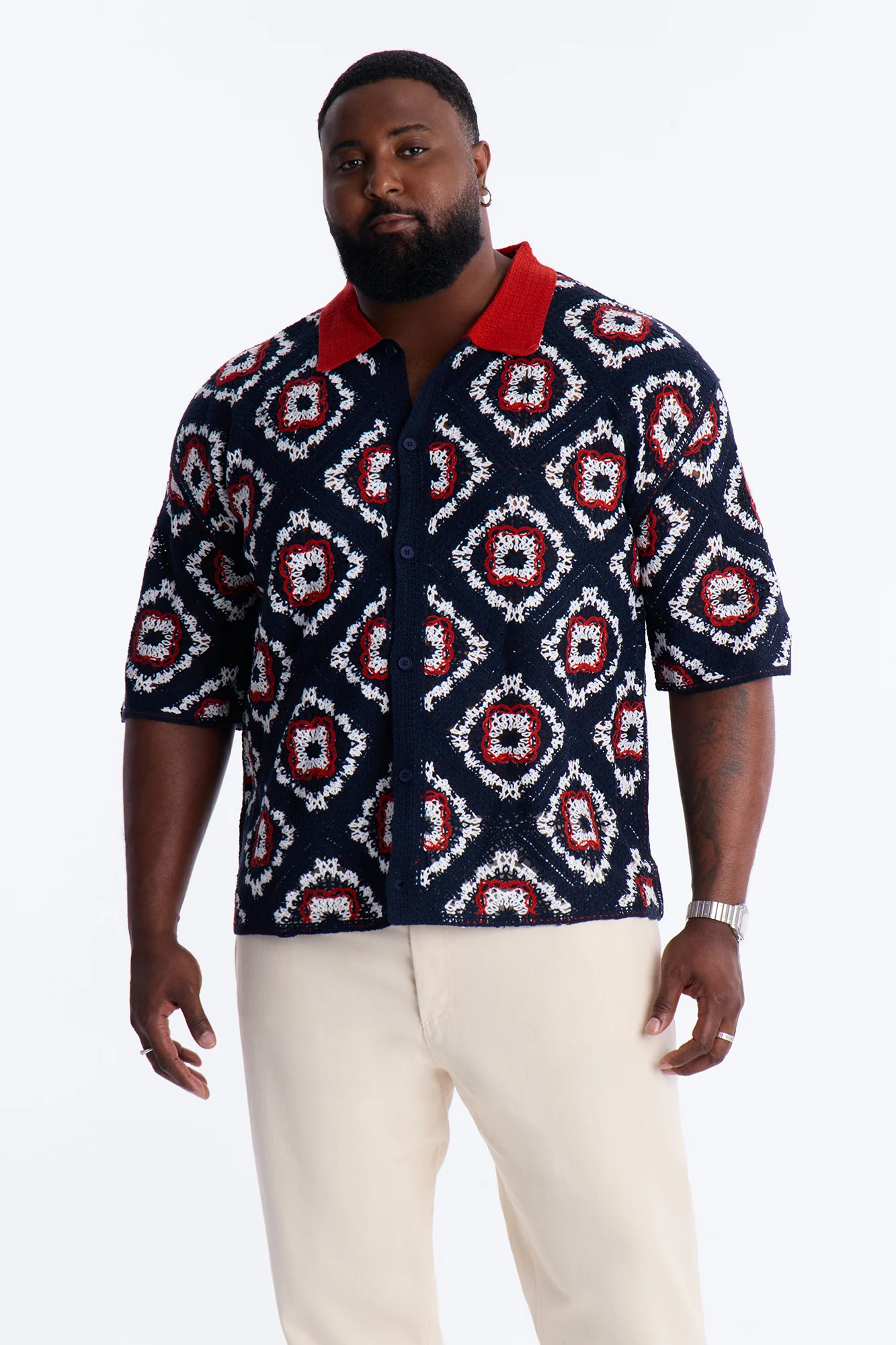Kaleido Bloom Crochet Button Up Shirt - Navy - Image 5