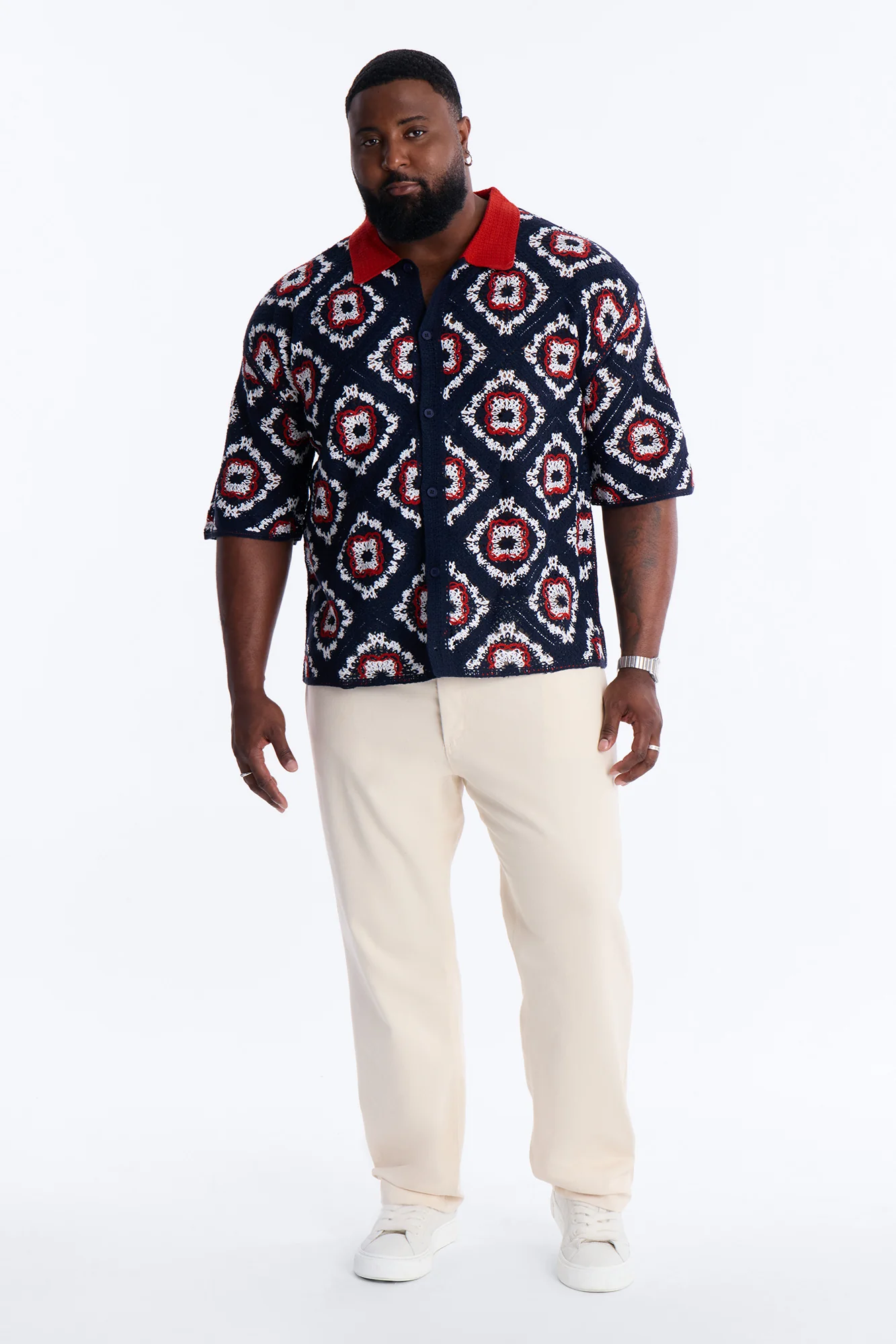 Kaleido Bloom Crochet Button Up Shirt - Navy - Image 6