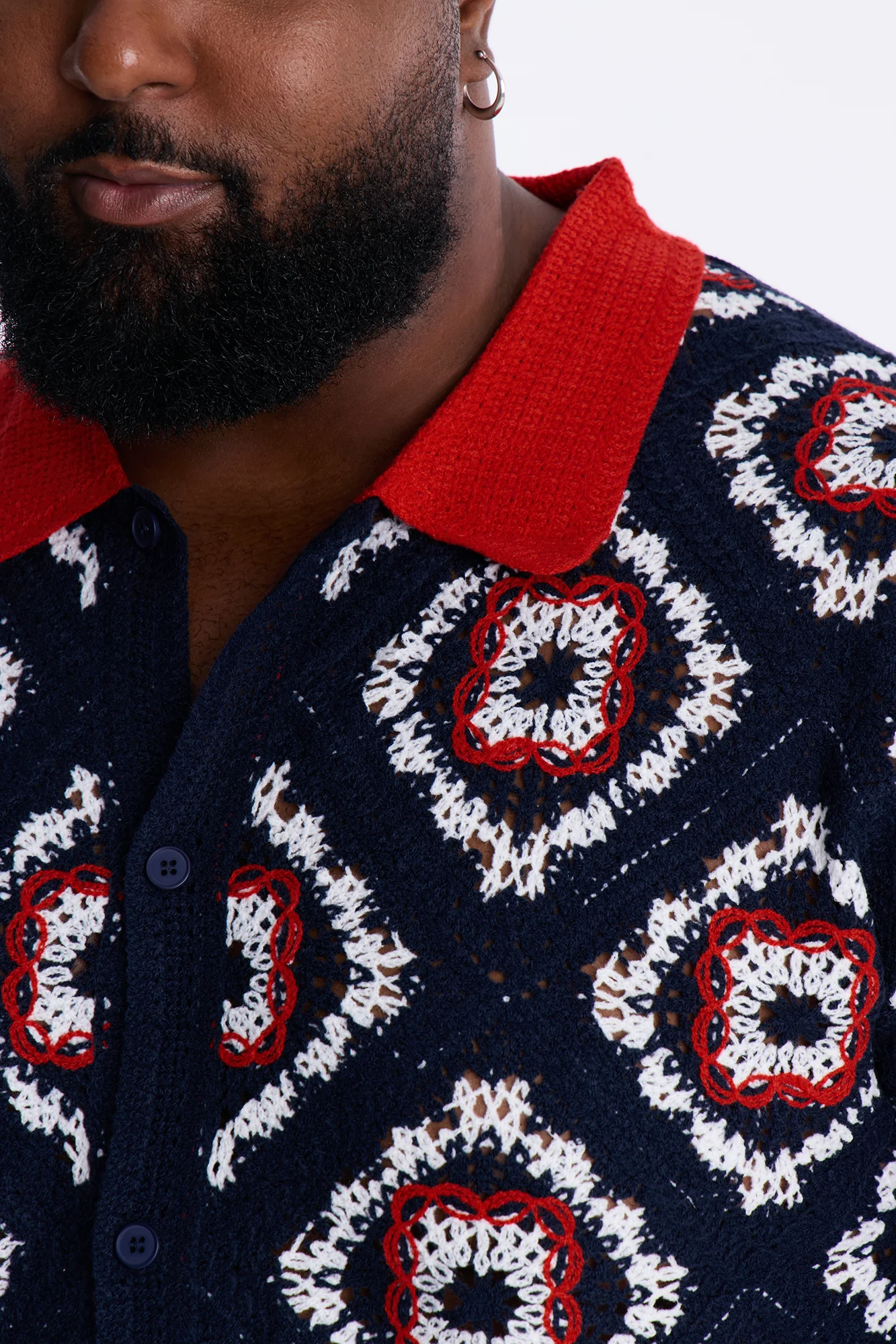 Kaleido Bloom Crochet Button Up Shirt - Navy - Image 7