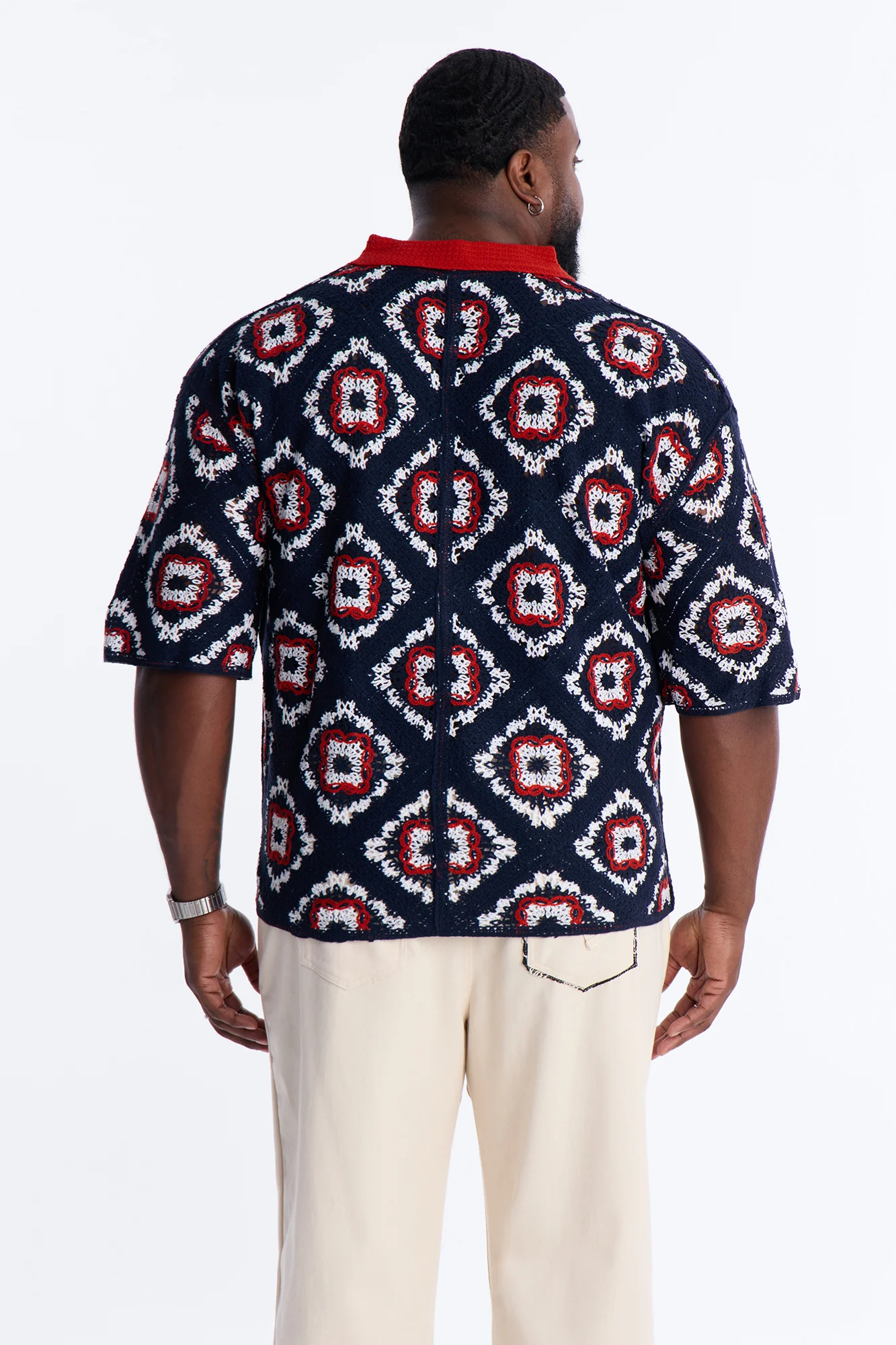 Kaleido Bloom Crochet Button Up Shirt - Navy - Image 8