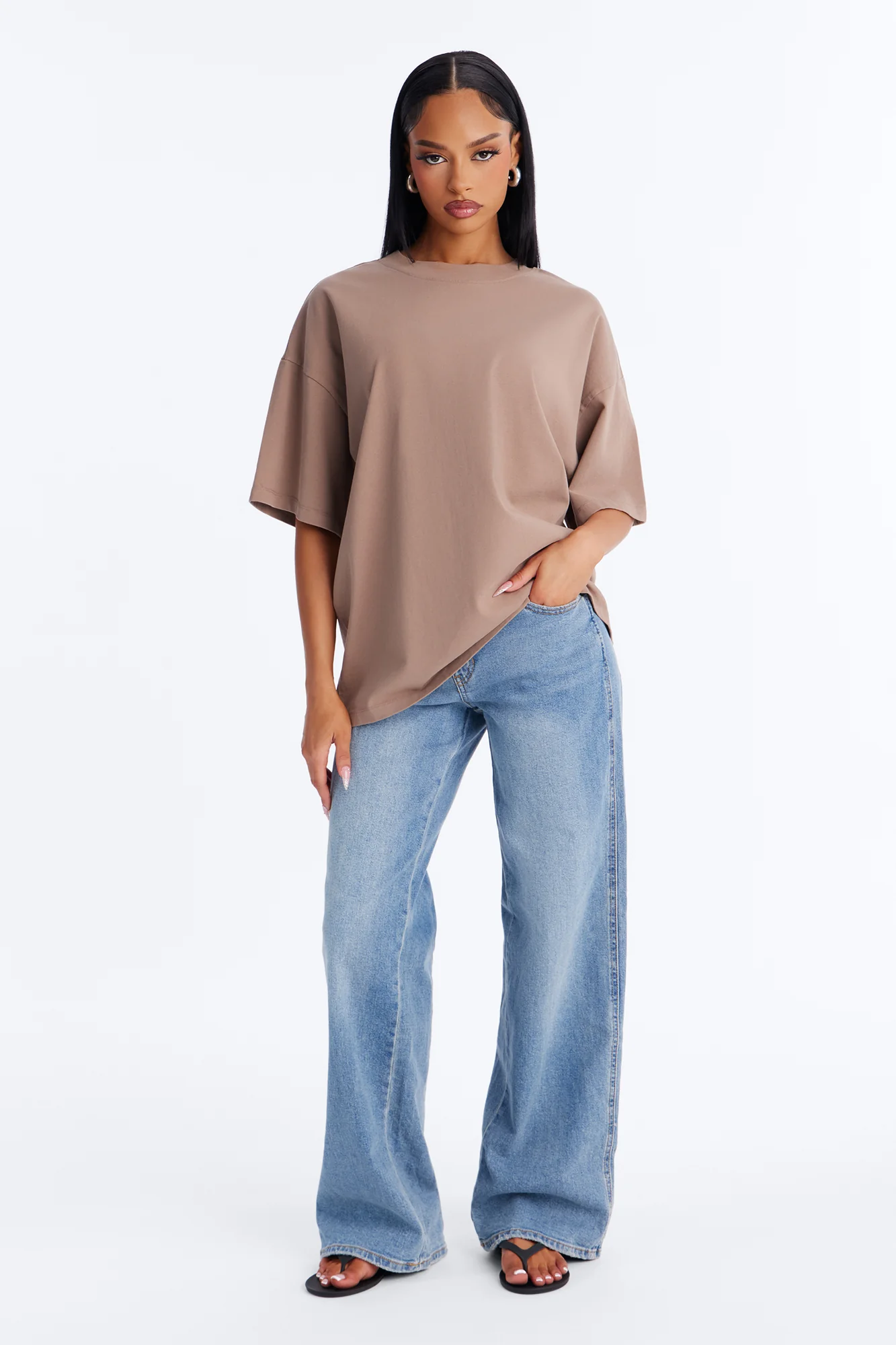 Kali Oversized Boyfriend Crew Neck T-Shirt - Taupe - Image 2