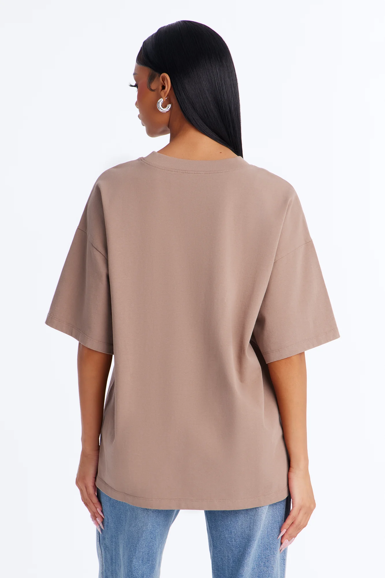 Kali Oversized Boyfriend Crew Neck T-Shirt - Taupe - Image 4