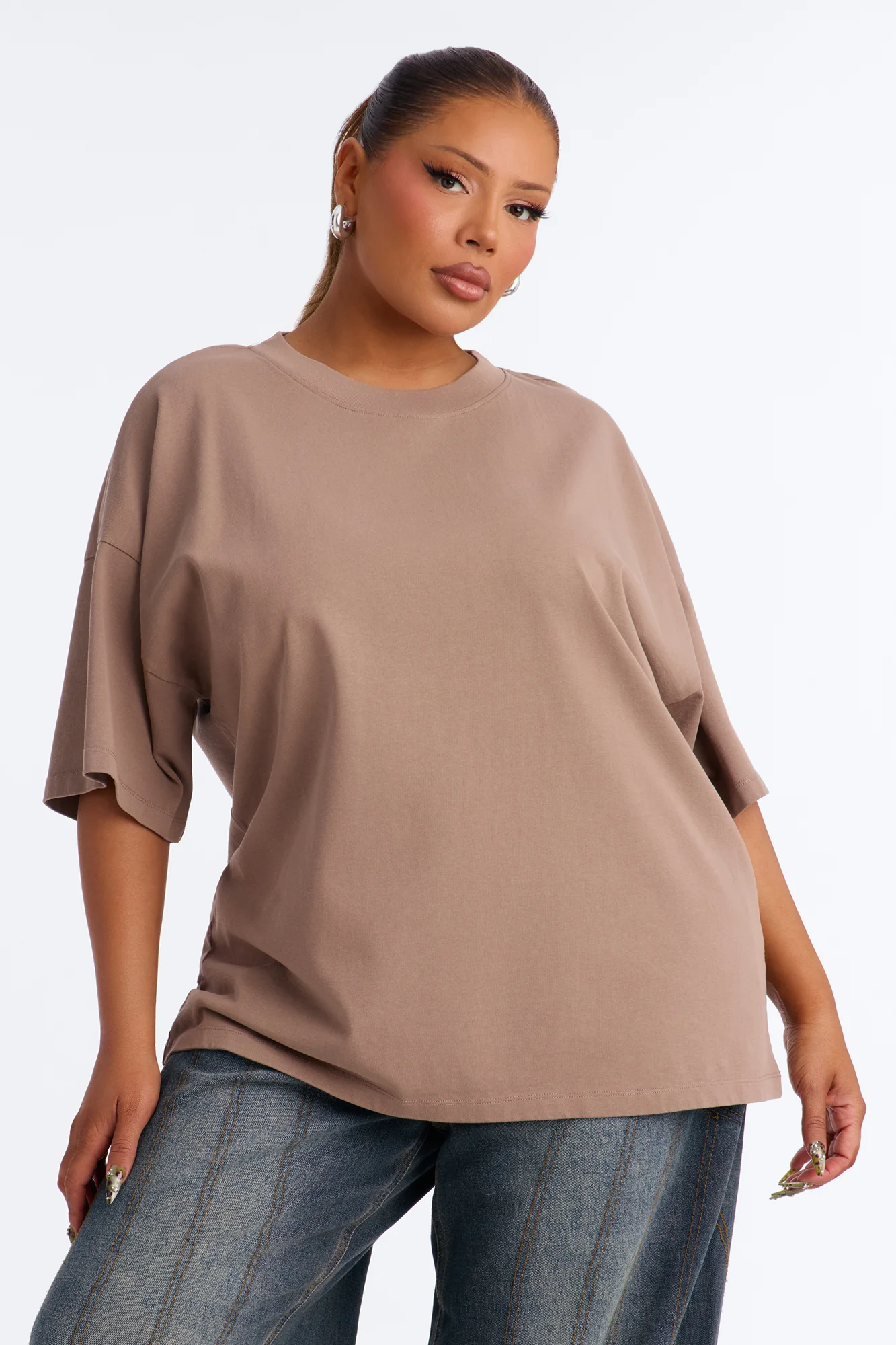 Kali Oversized Boyfriend Crew Neck T-Shirt - Taupe - Image 5