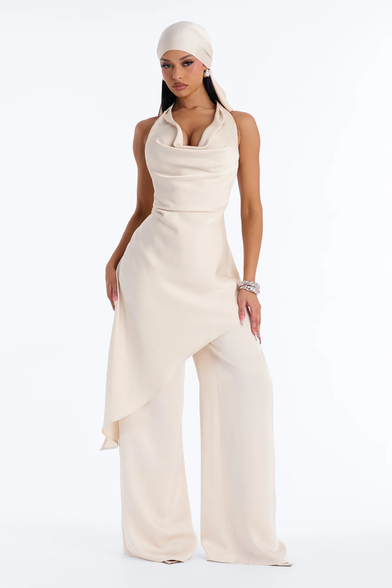 Kalina Cowlneck 2 Piece Jumpsuit Set - Champagne