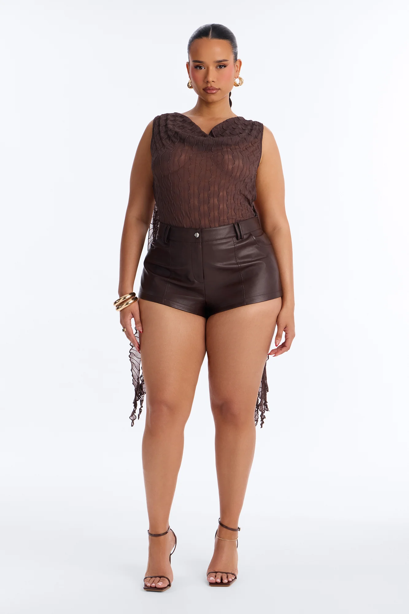 Kallie Ruffle Backless Mesh Bodysuit - Chocolate - Image 6