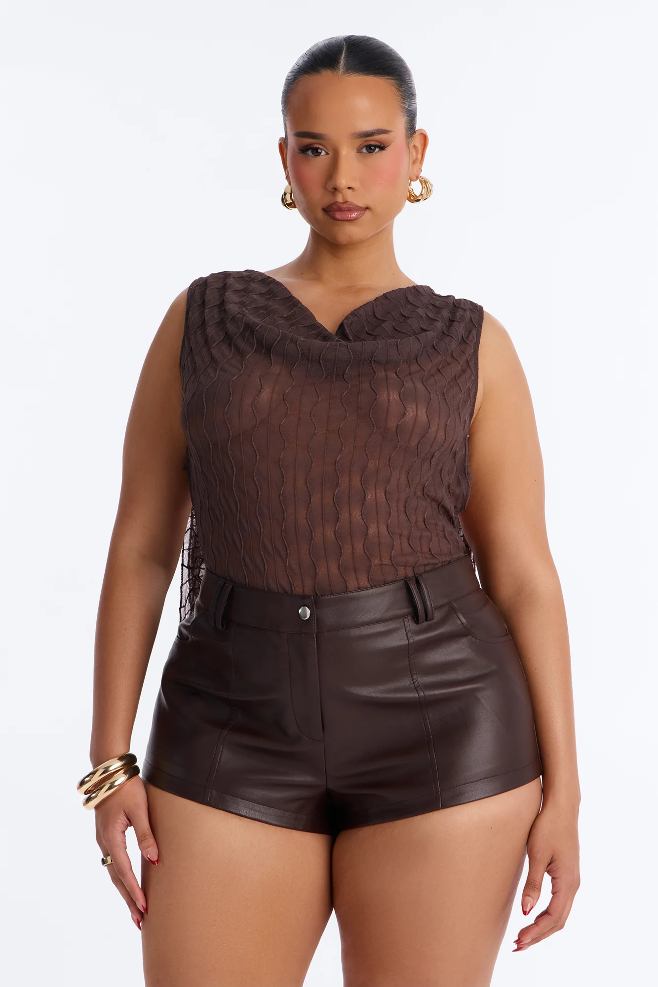 Kallie Ruffle Backless Mesh Bodysuit - Chocolate - Image 8