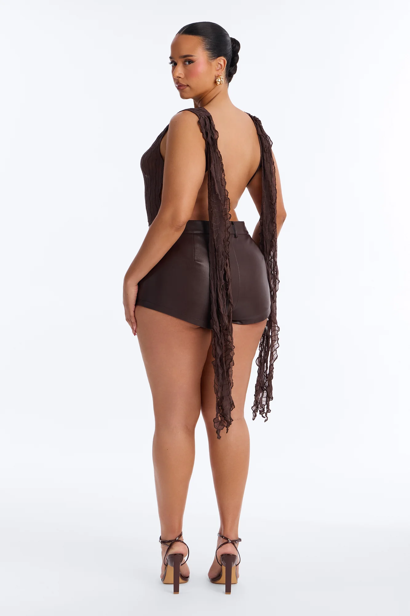 Kallie Ruffle Backless Mesh Bodysuit - Chocolate - Image 9