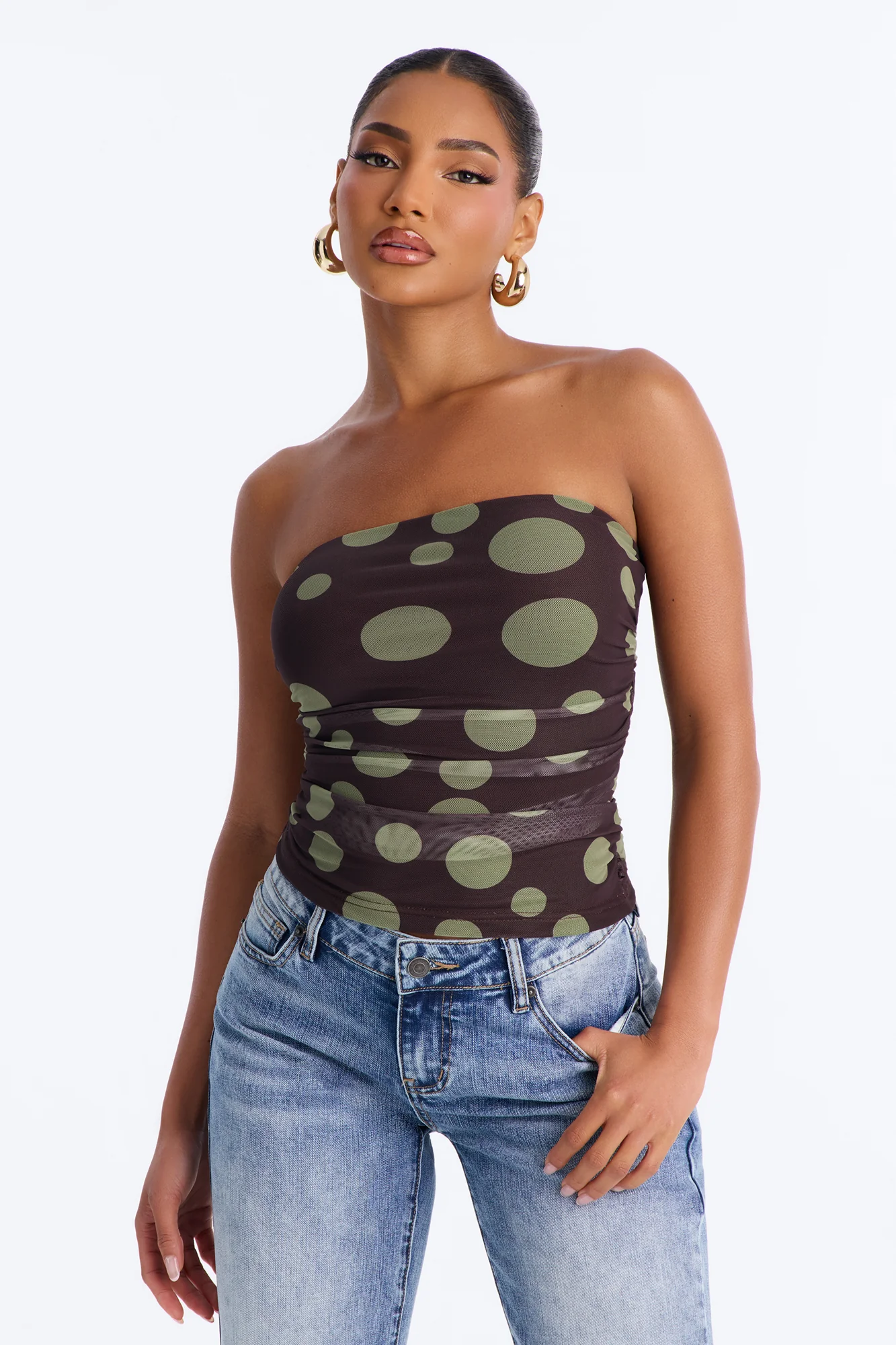 Kami Ruched Mesh Polka Dot Tube Top - Brown/combo