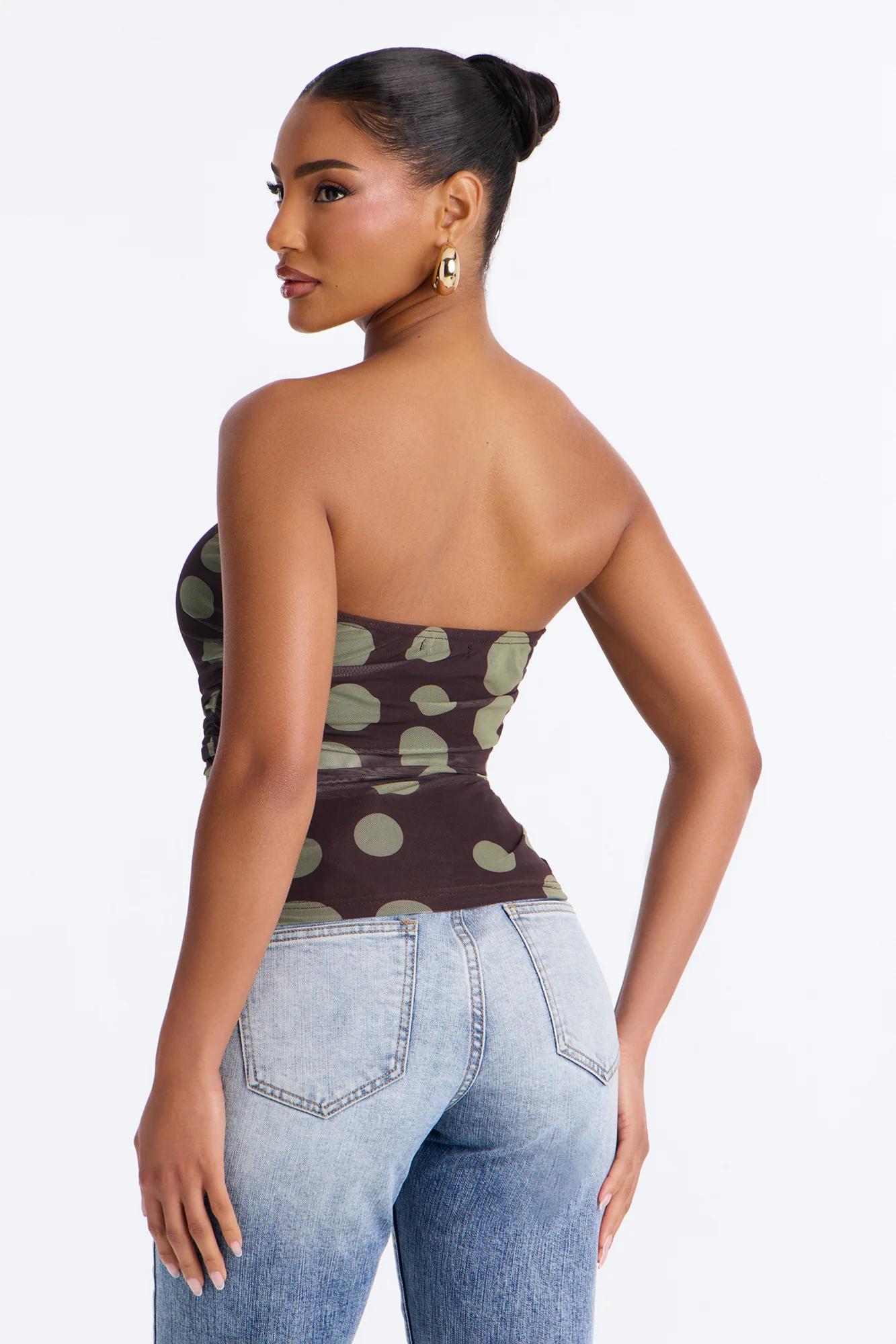 Kami Ruched Mesh Polka Dot Tube Top - Brown/combo - Image 3