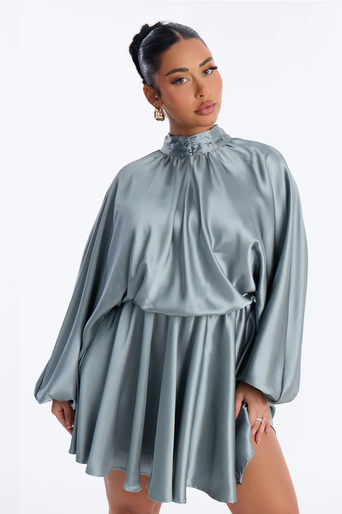 Kamille Balloon Sleeve Satin Mini Dress - Slate Blue - Image 2