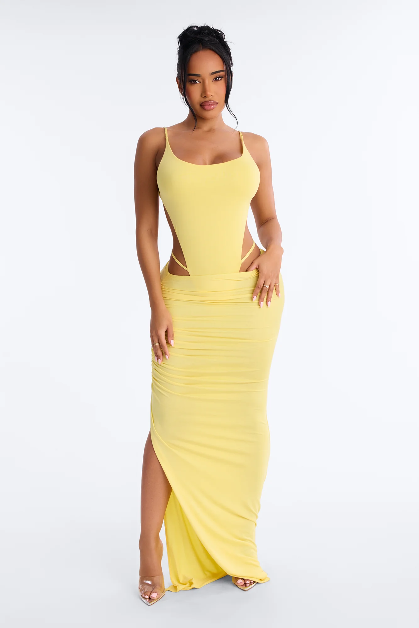 Kara Backless Bodysuit Maxi Skirt Set - Yellow