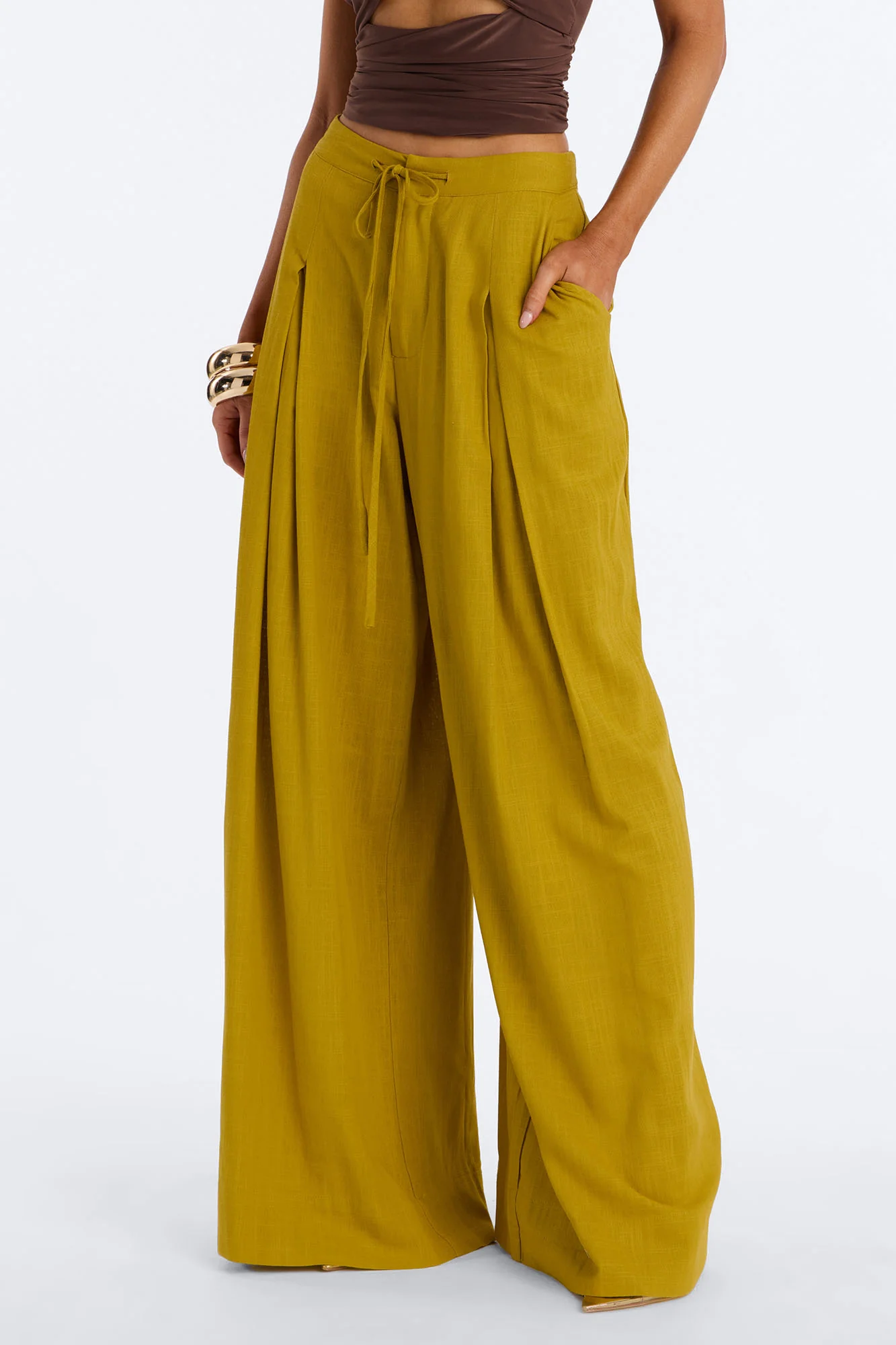 Karianna Linen Blend Wide Leg Pant - Chartreuse - Image 2