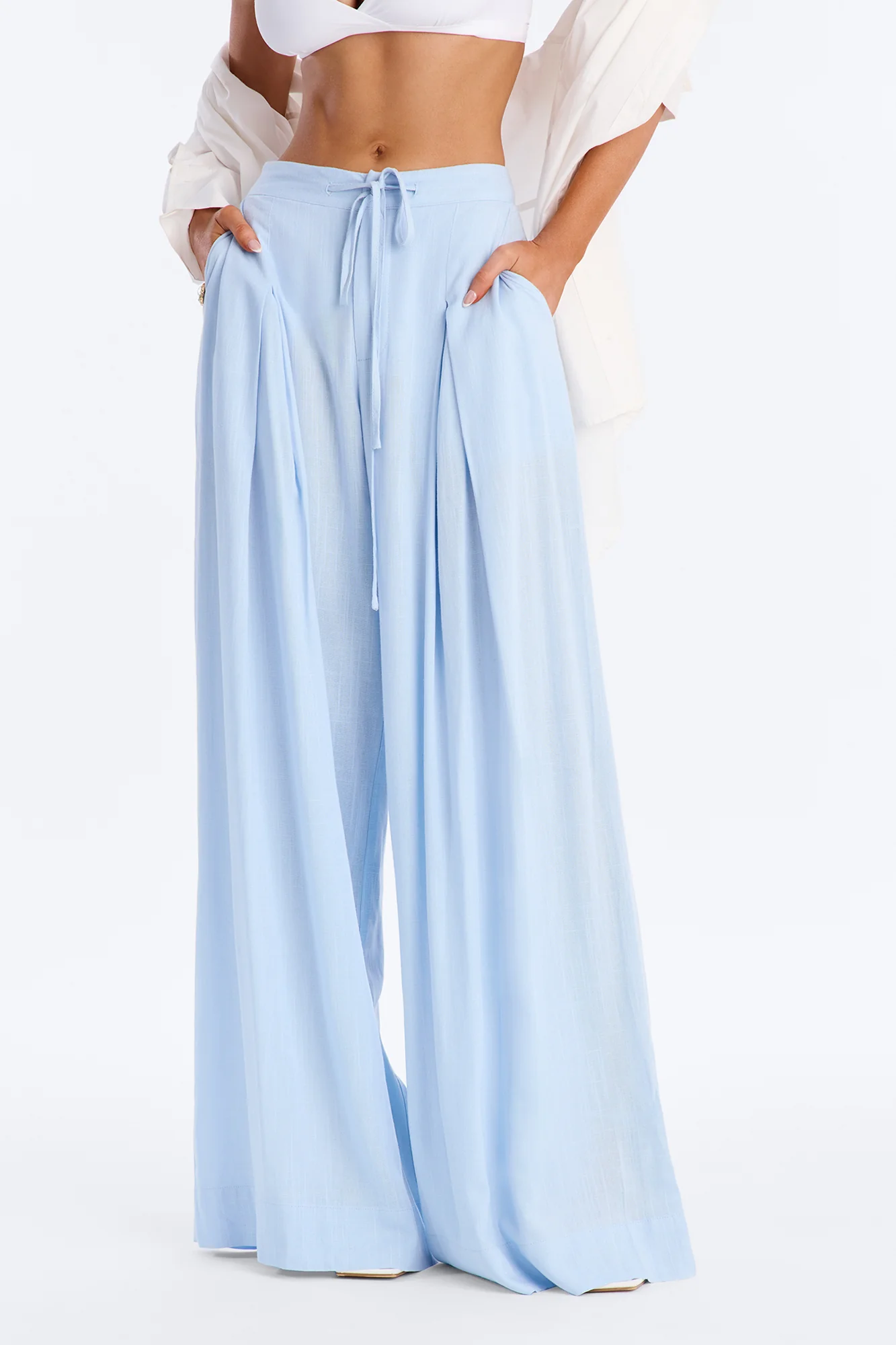 Karianna Linen Blend Wide Leg Pant - Light Blue - Image 2