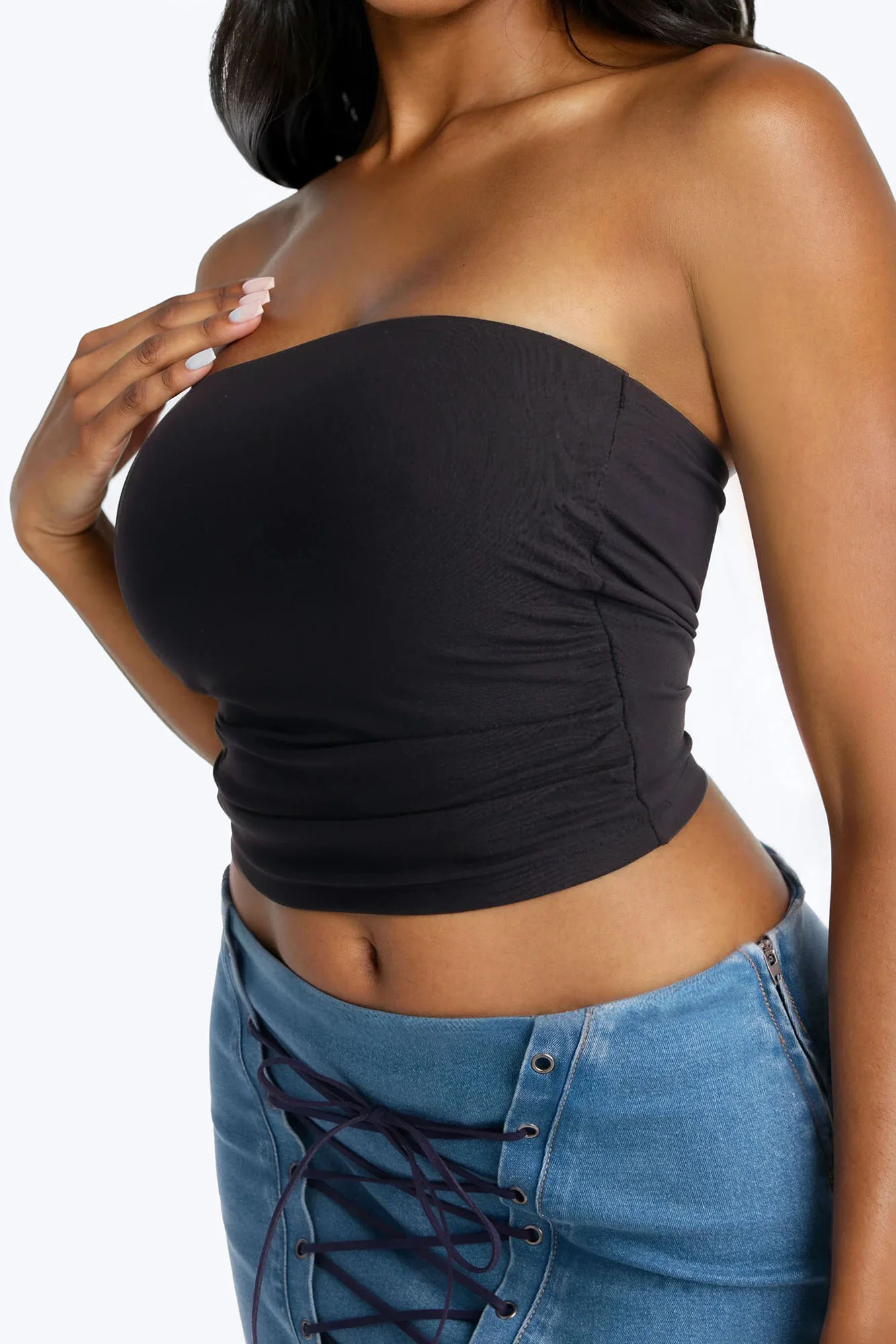 Karissa Double Lined Ruched Tube Top - Black - Image 3