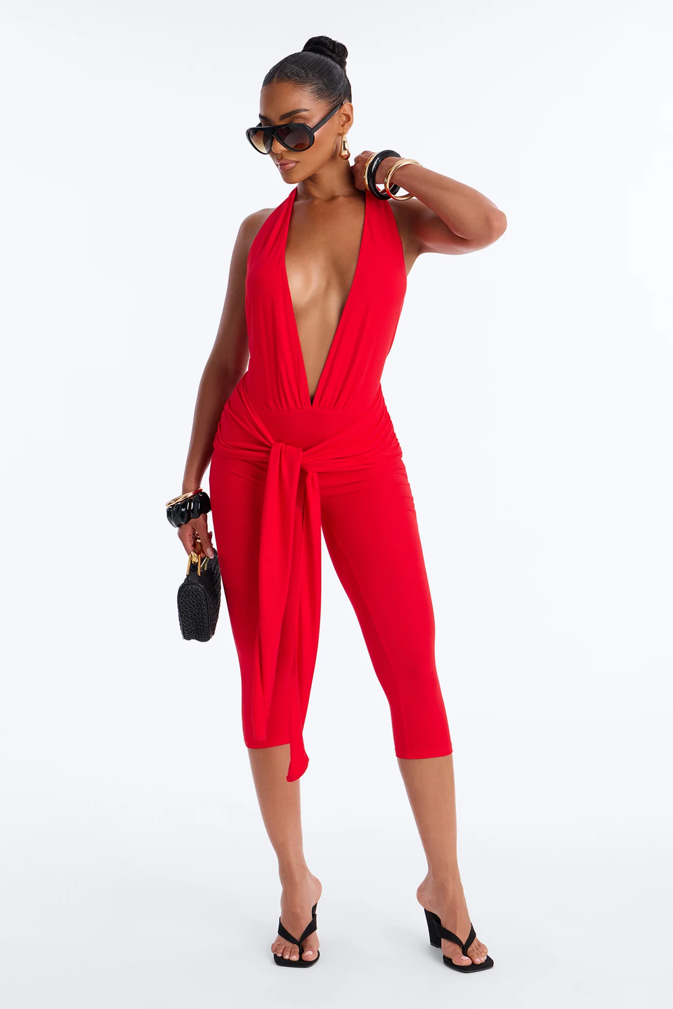 Karla Plunge Capri Catsuit - Red