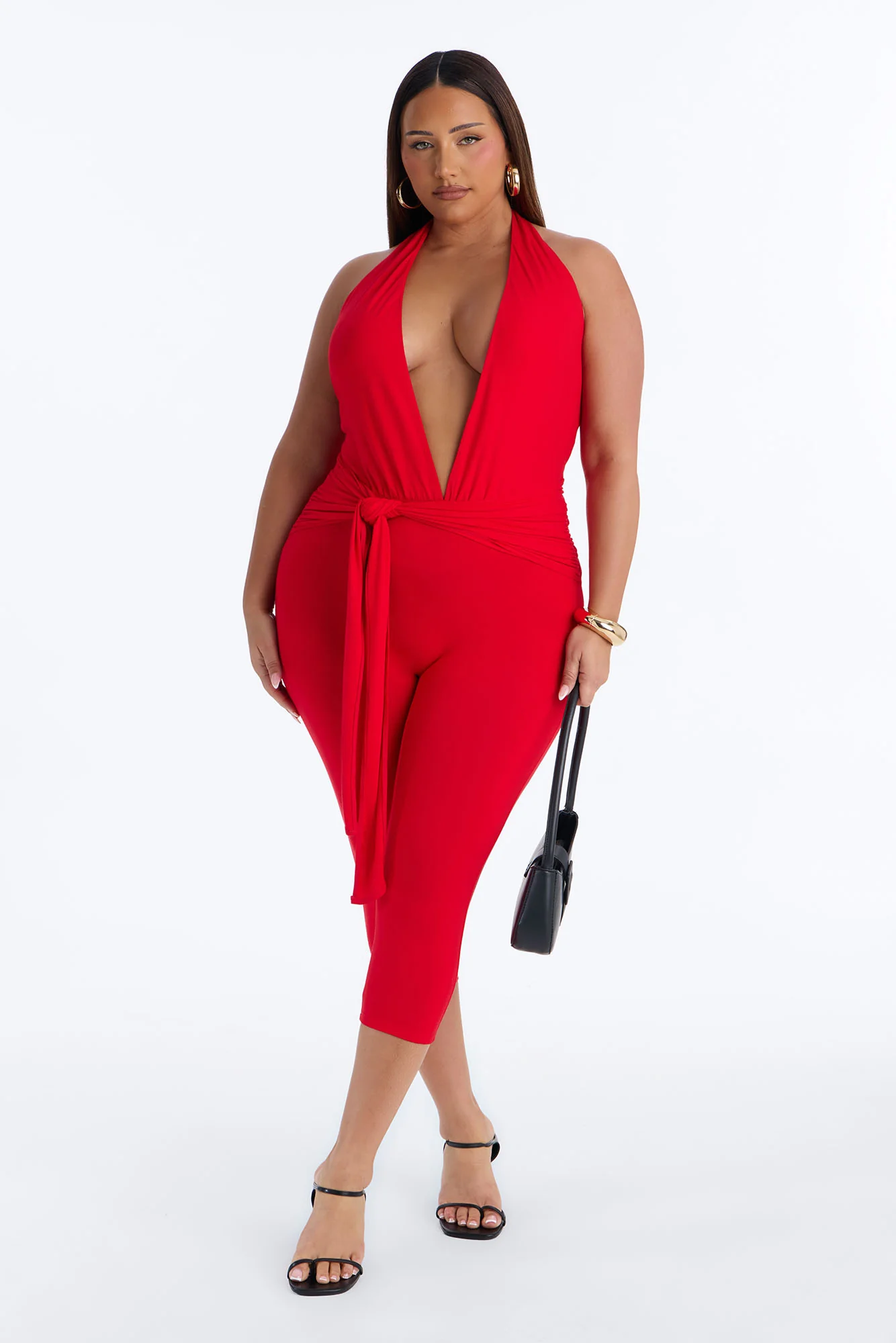 Karla Plunge Capri Catsuit - Red - Image 5