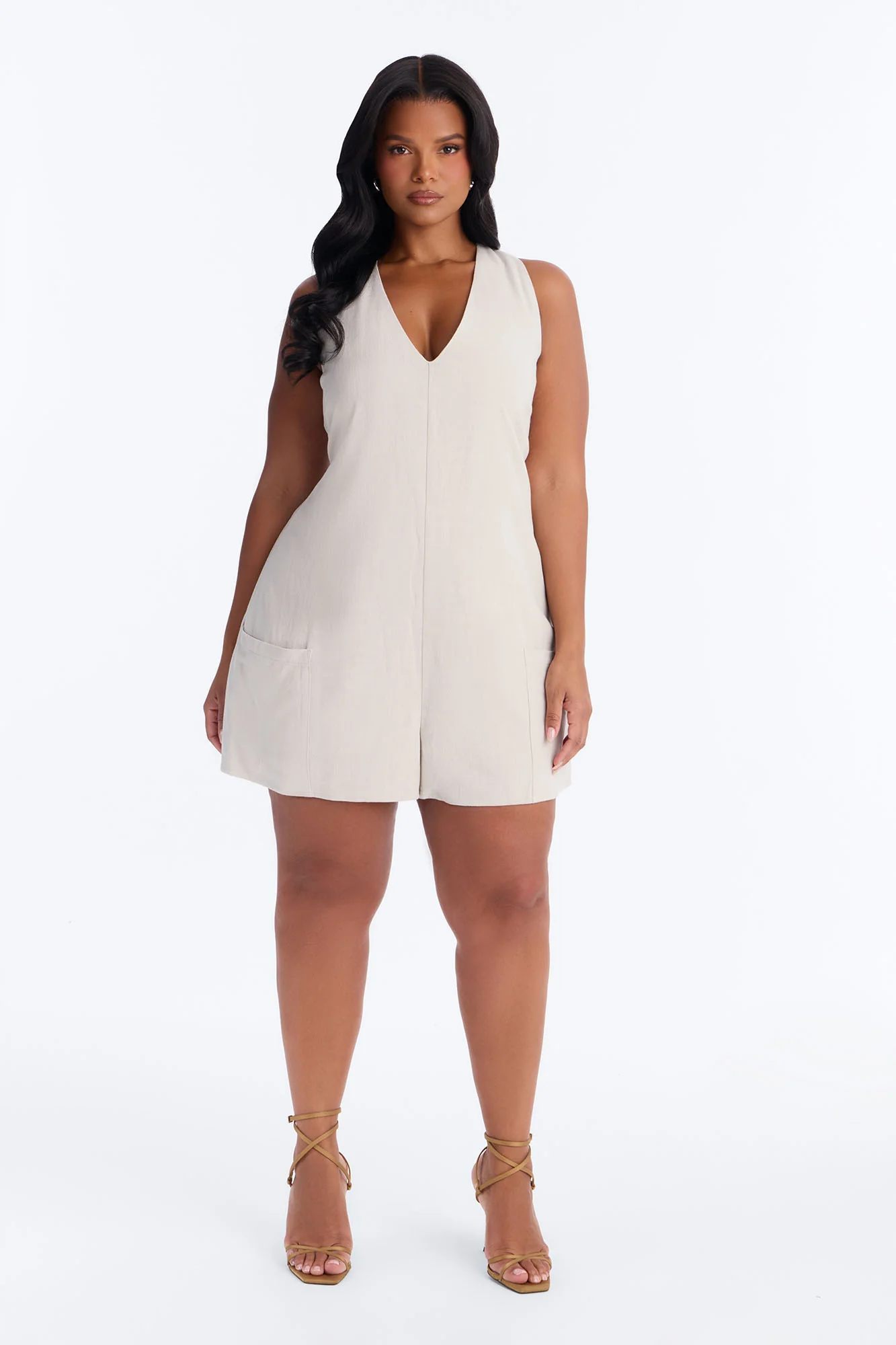 Karli Linen Sleeveless Romper - Taupe - Image 5