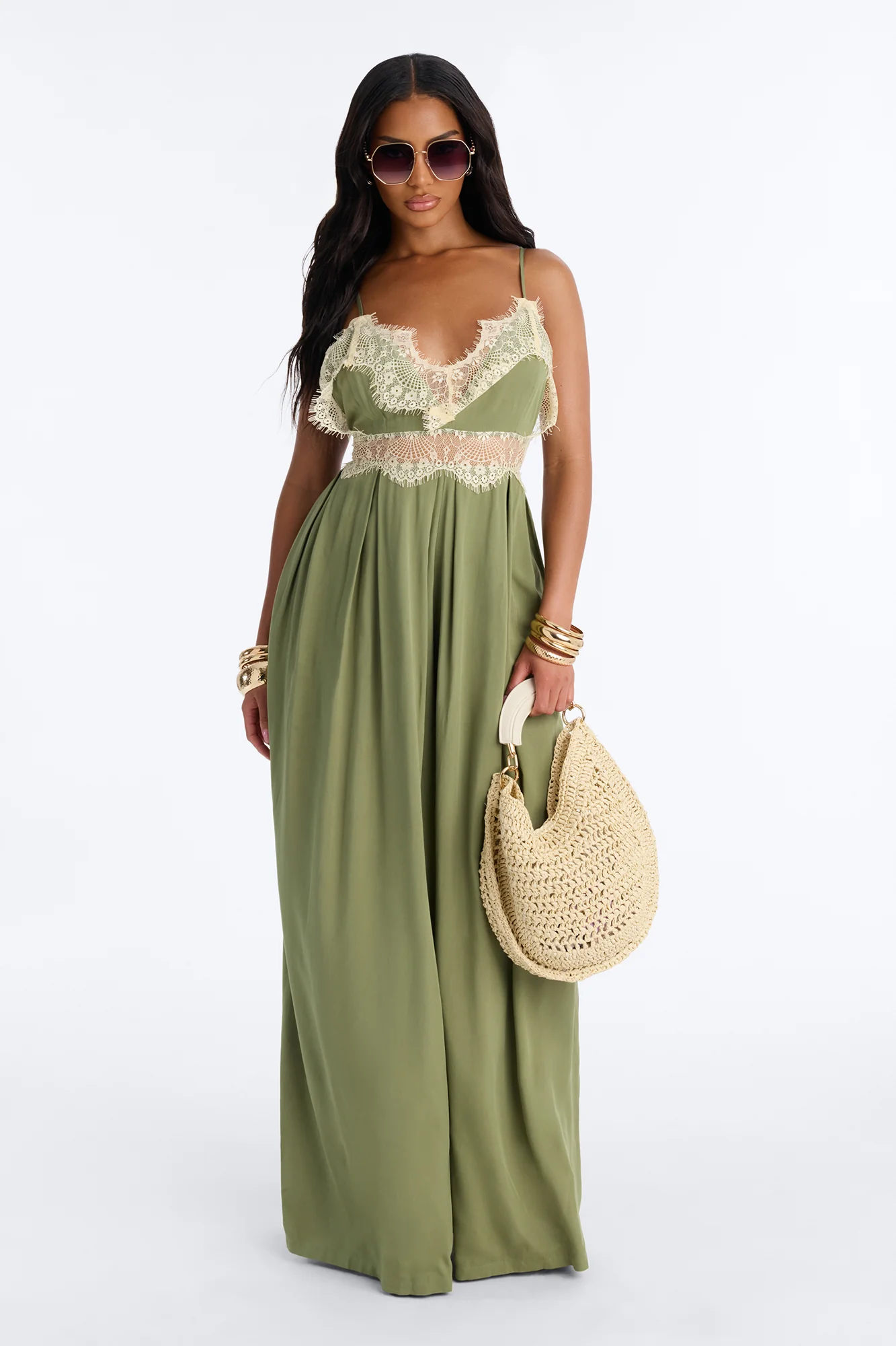 Karmen Lace Trim Wide Leg Jumpsuit - Olive