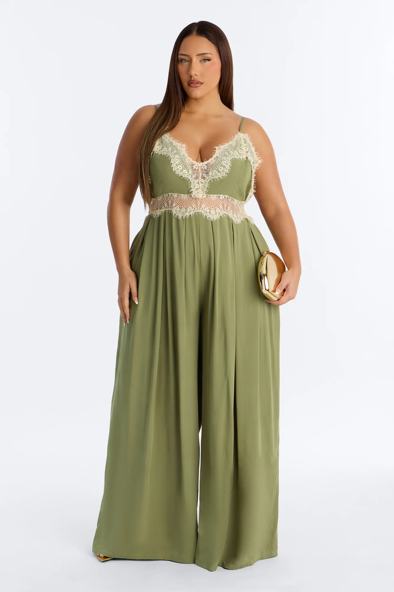 Karmen Lace Trim Wide Leg Jumpsuit - Olive - Image 5