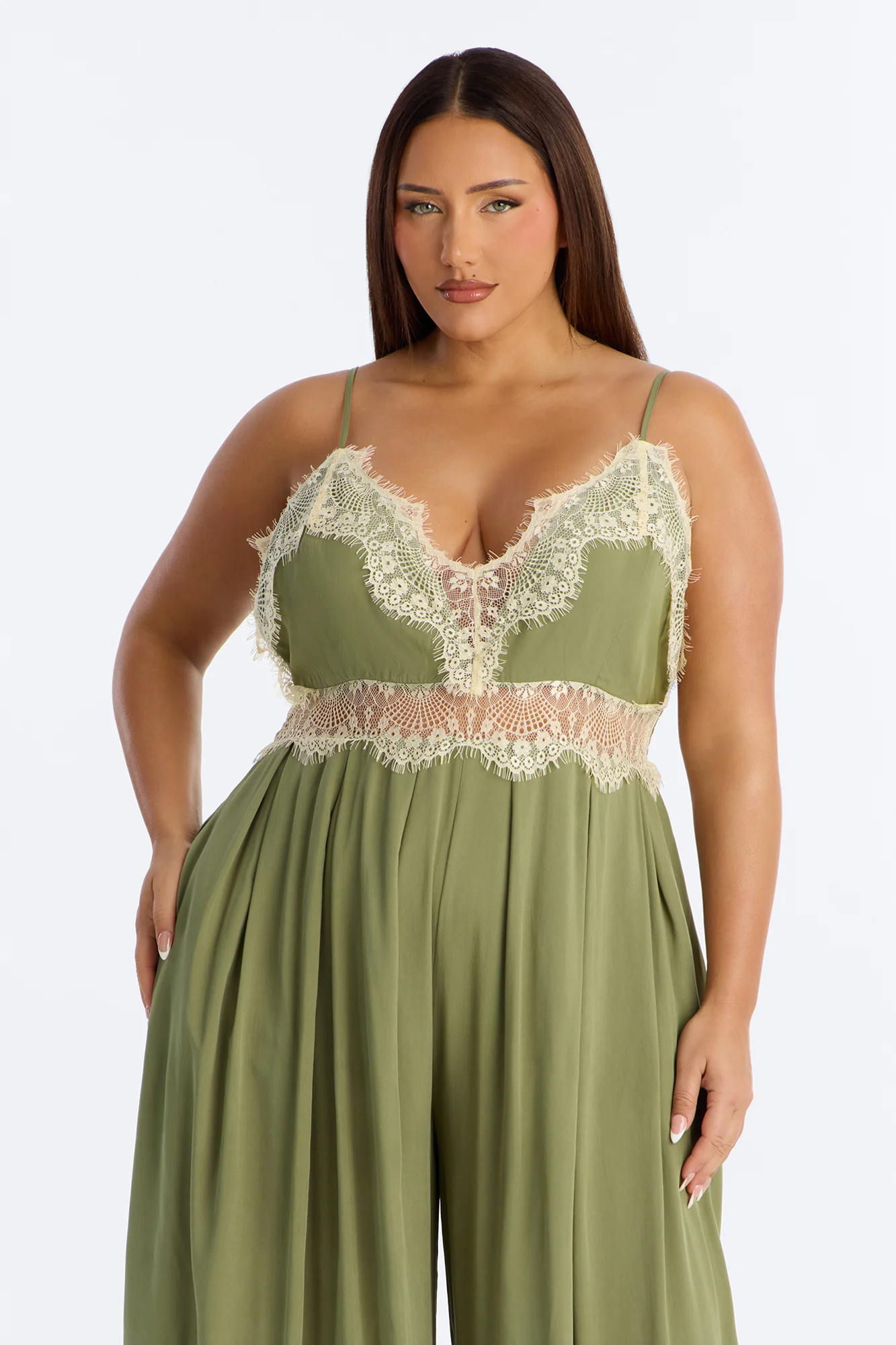 Karmen Lace Trim Wide Leg Jumpsuit - Olive - Image 6